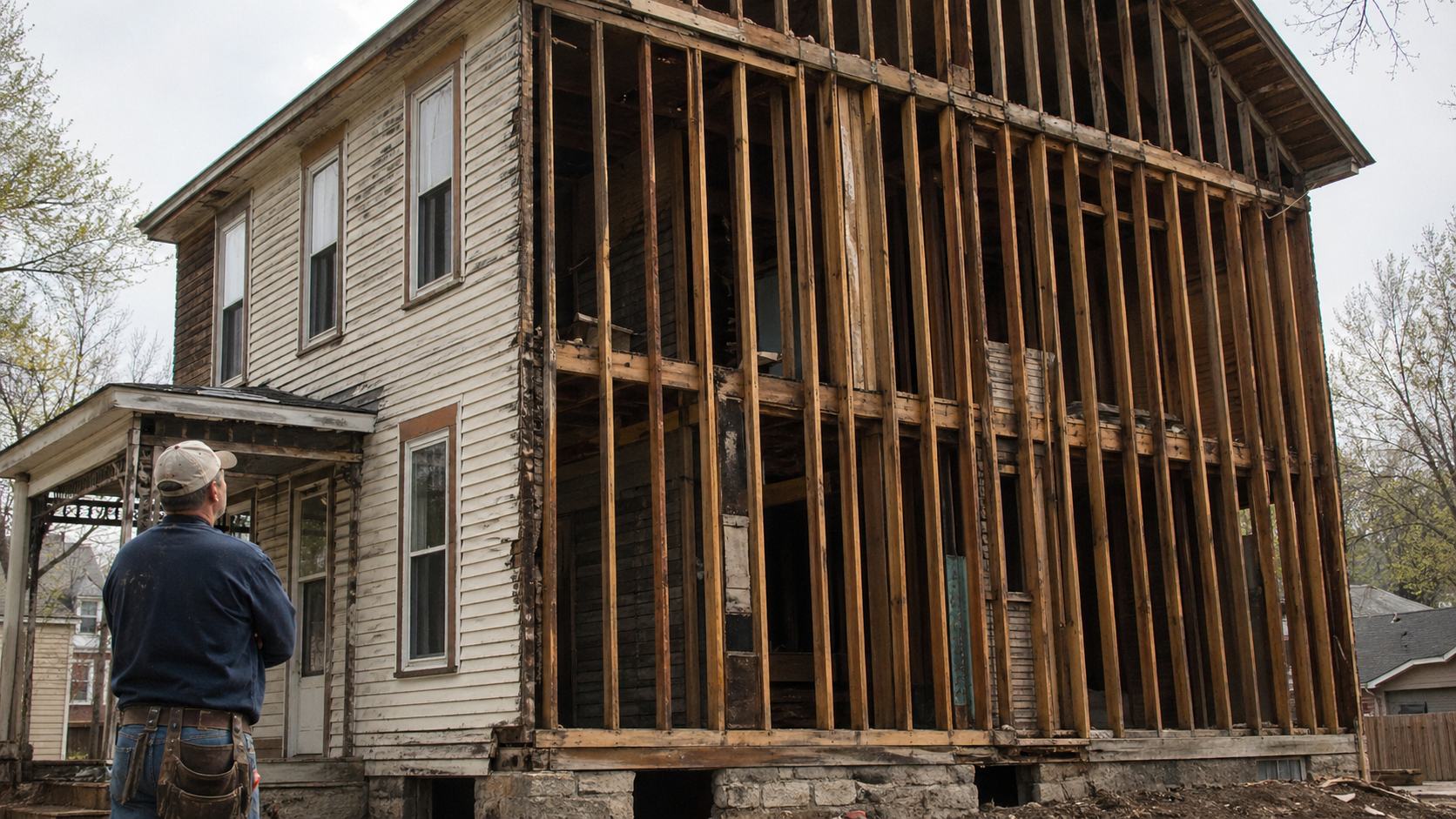 Older American wood house with one wall opened to show continuous balloon framing studs rising through two floors.