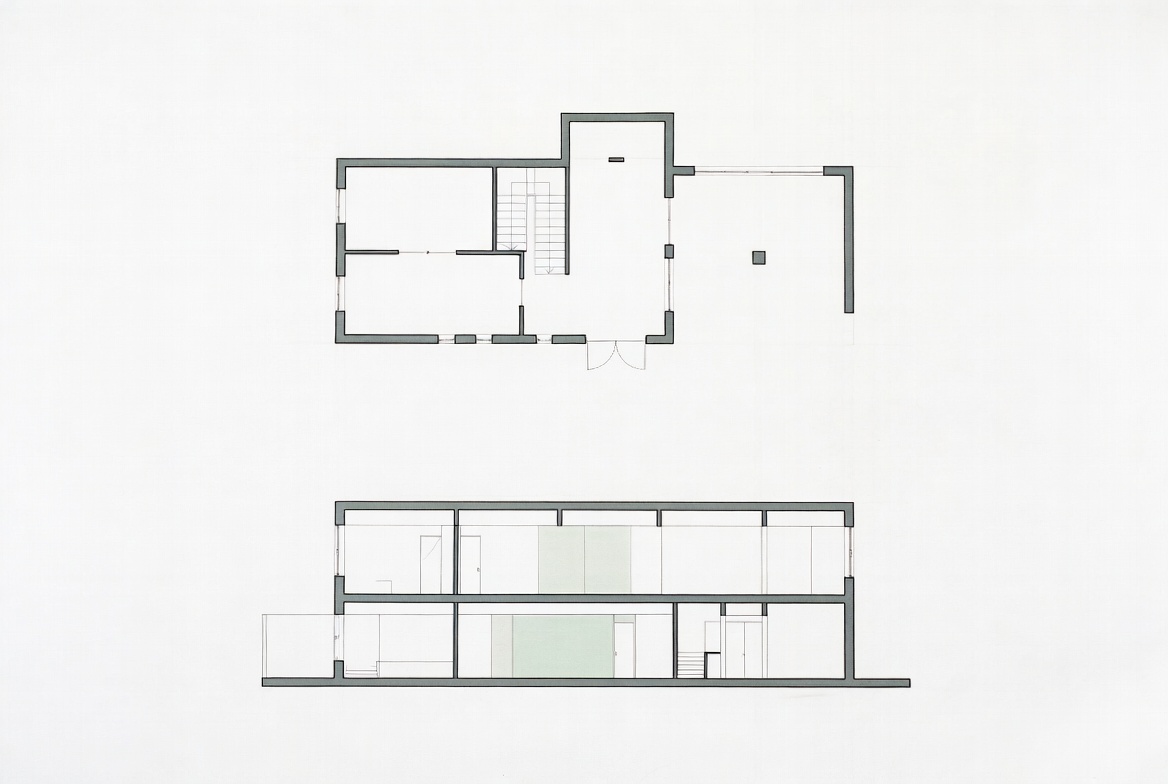Plan and section diagram showing room layout, height, and spatial proportion in one building.