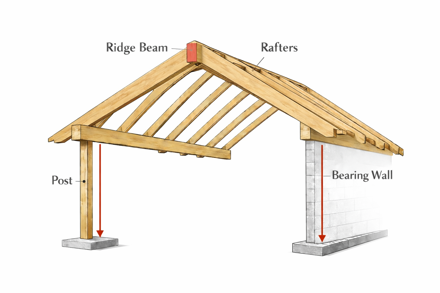 Ridge beam roof system diagram showing rafters and load path to post and bearing wall.
