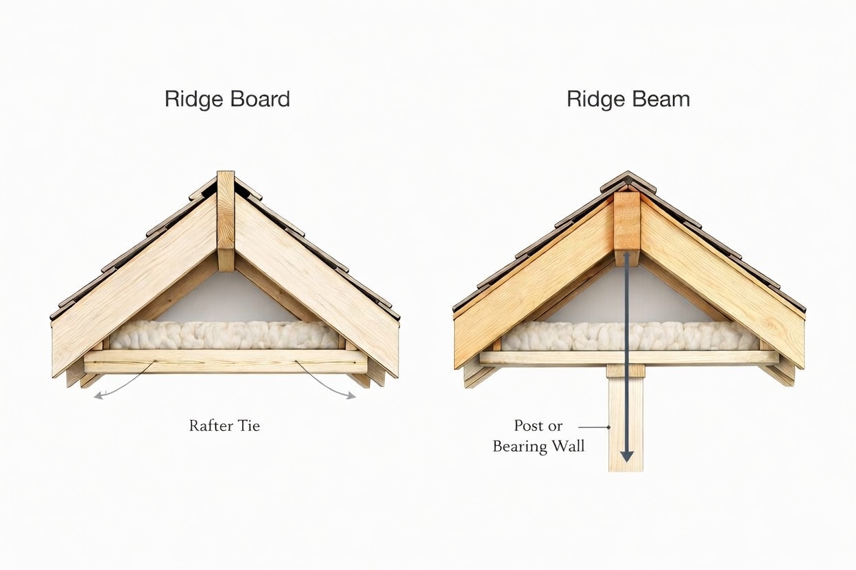 Ridge board vs ridge beam roof framing comparison showing tie-based and supported load paths.