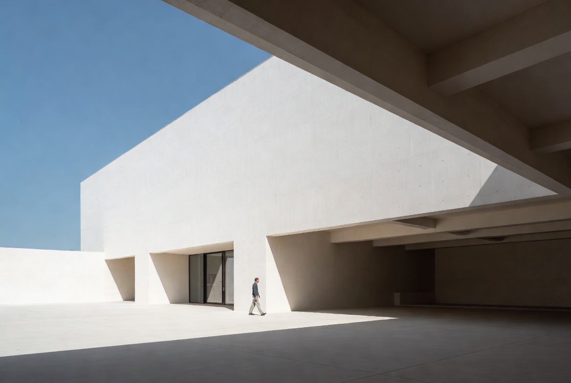 Architectural space with a small human figure under a deep overhang showing scale and proportion.