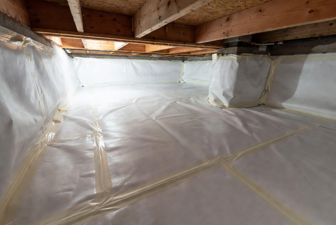 Encapsulated crawl space with white vapor barrier sealed across the floor and around the perimeter.
