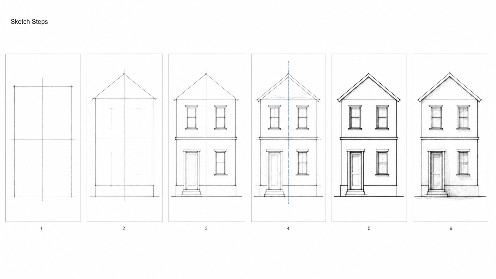 Six-panel diagram showing a simple house facade built step by step from basic outline to finished sketch.