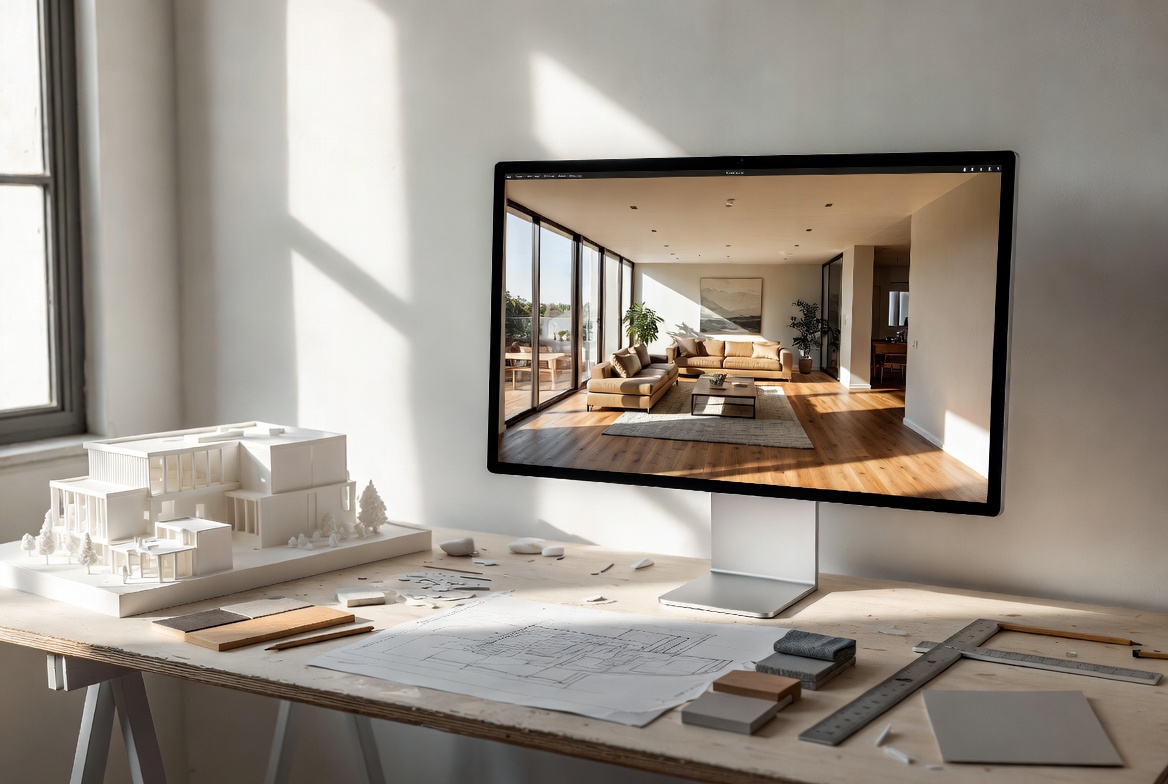 Architecture student desk with white massing model, drawings, and monitor showing a realistic interior render.