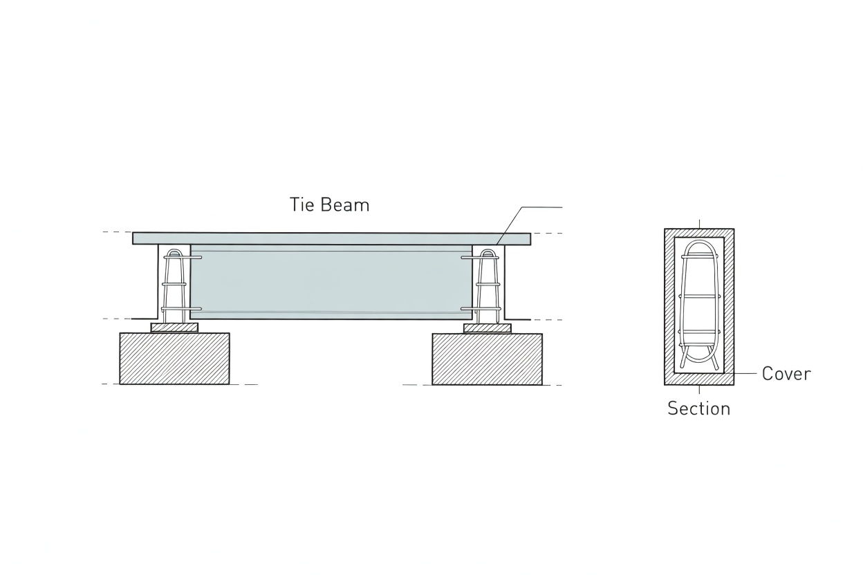 Reinforced concrete tie beam diagram with support elevations and beam cross-section.