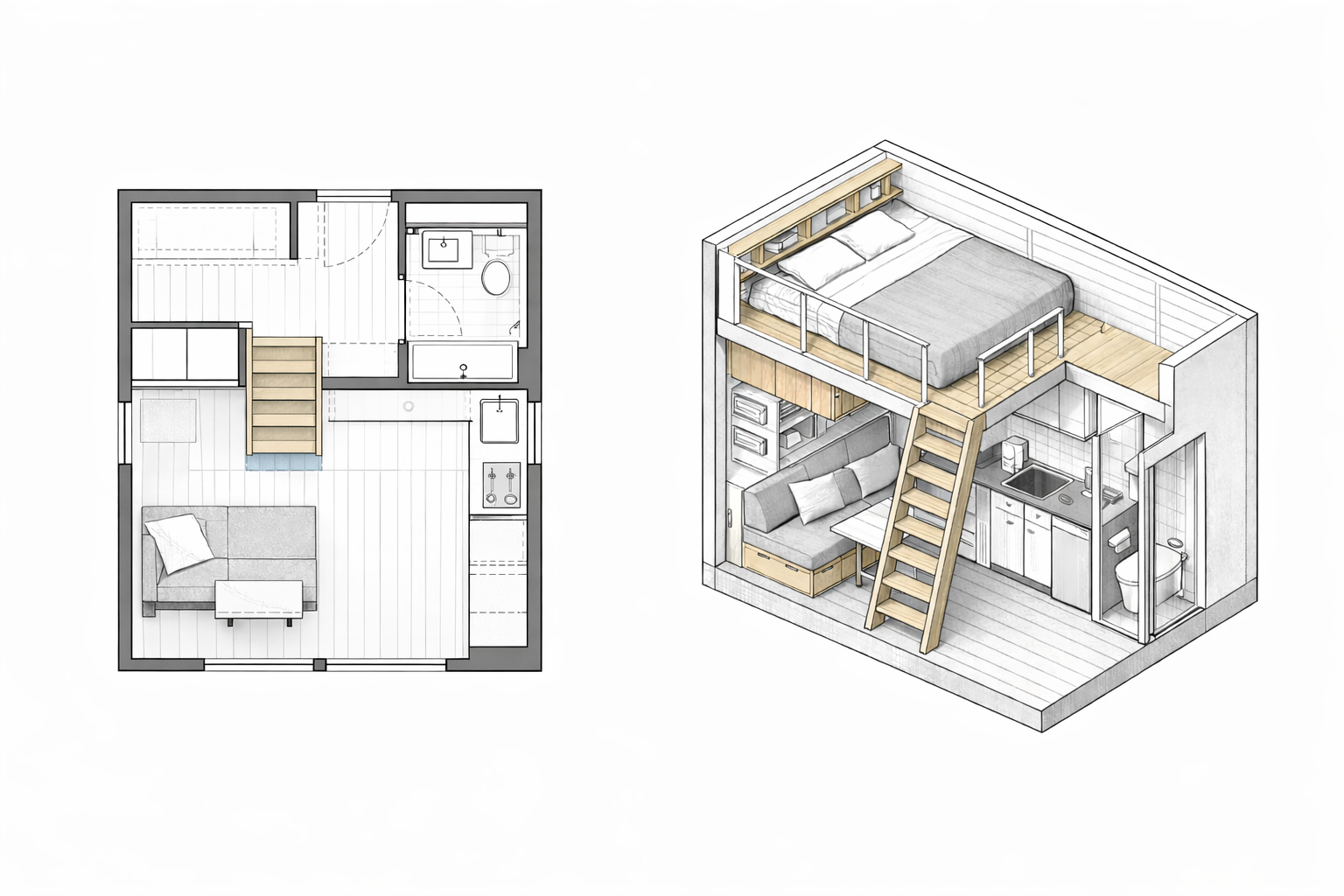 Tiny home floor plan and axonometric cutaway showing loft stair, kitchen wall, bathroom, and built-in storage.