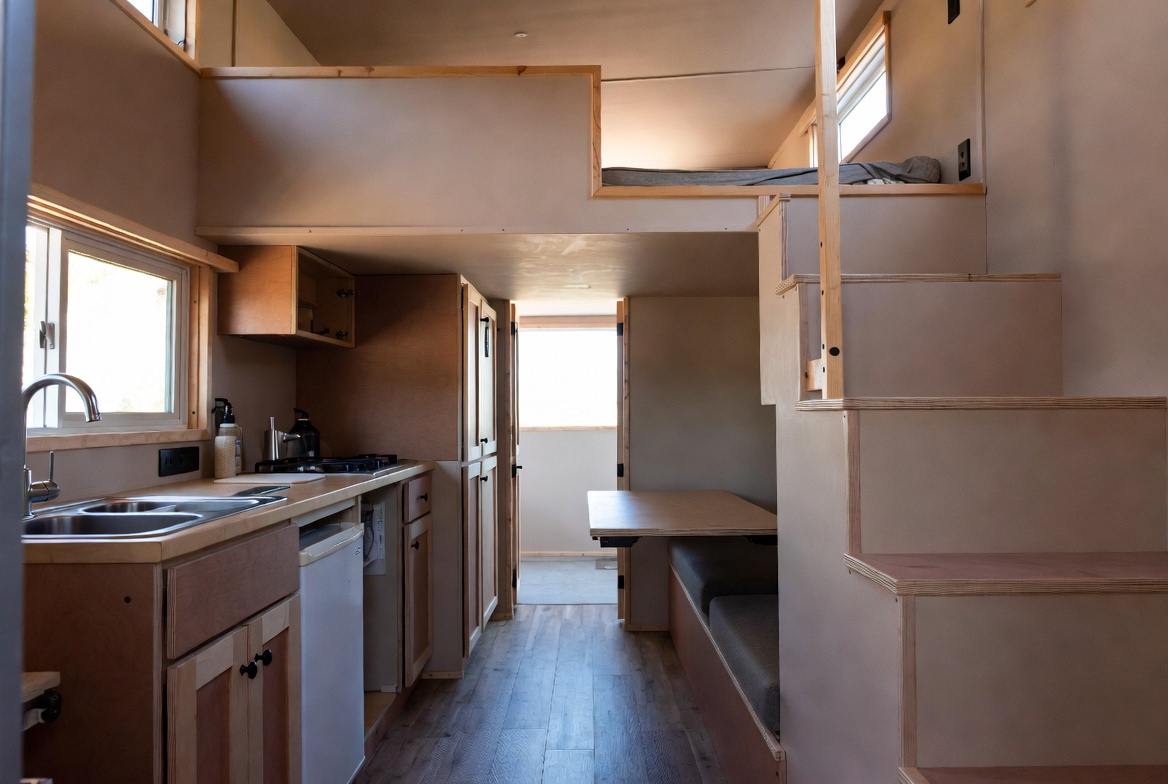 Tiny home interior with loft platform, stair storage, bench seating, and kitchenette.