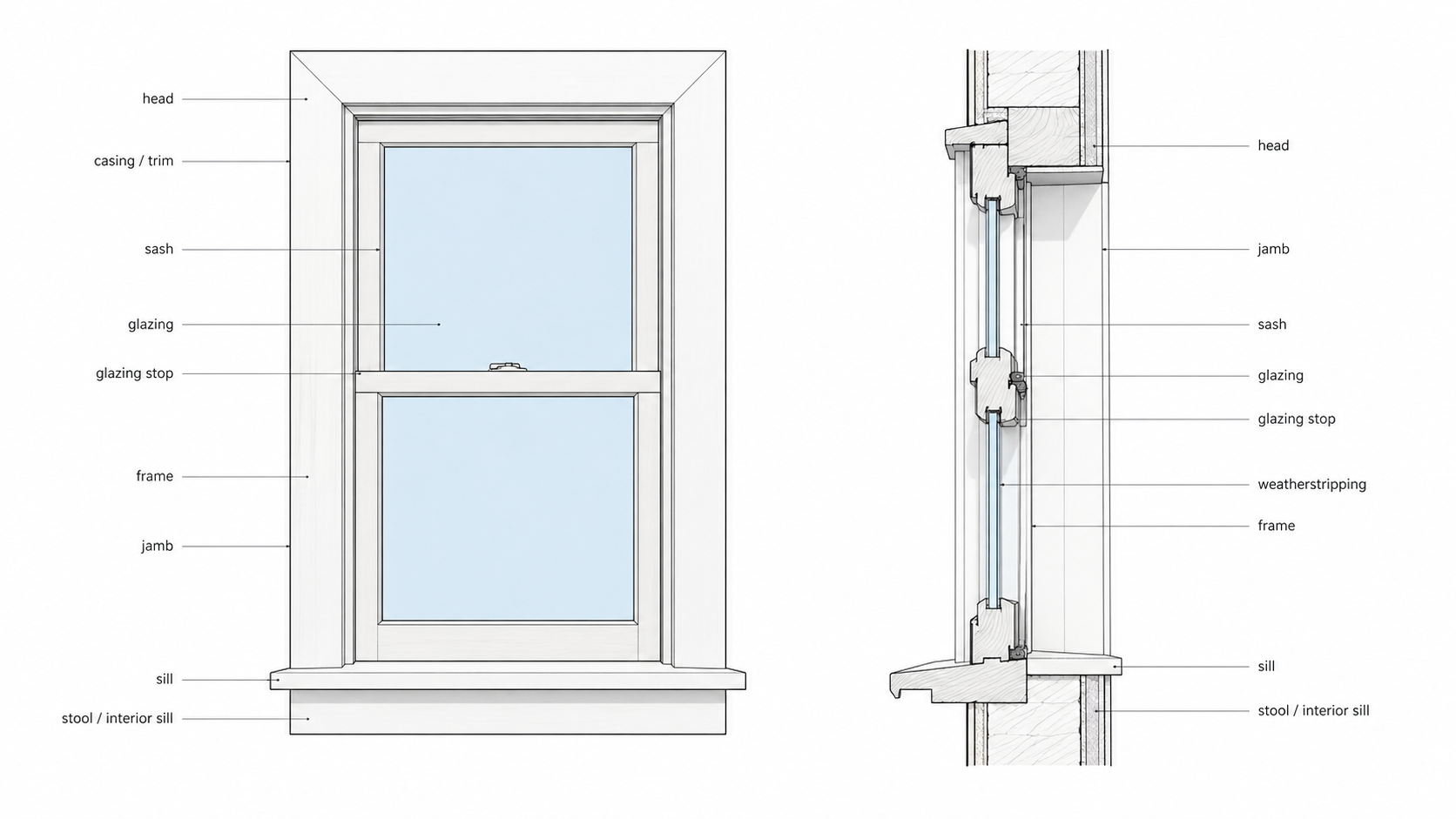 Basic wood double-hung window anatomy showing sash, frame, jamb, sill, glazing, casing, and weatherstripping.