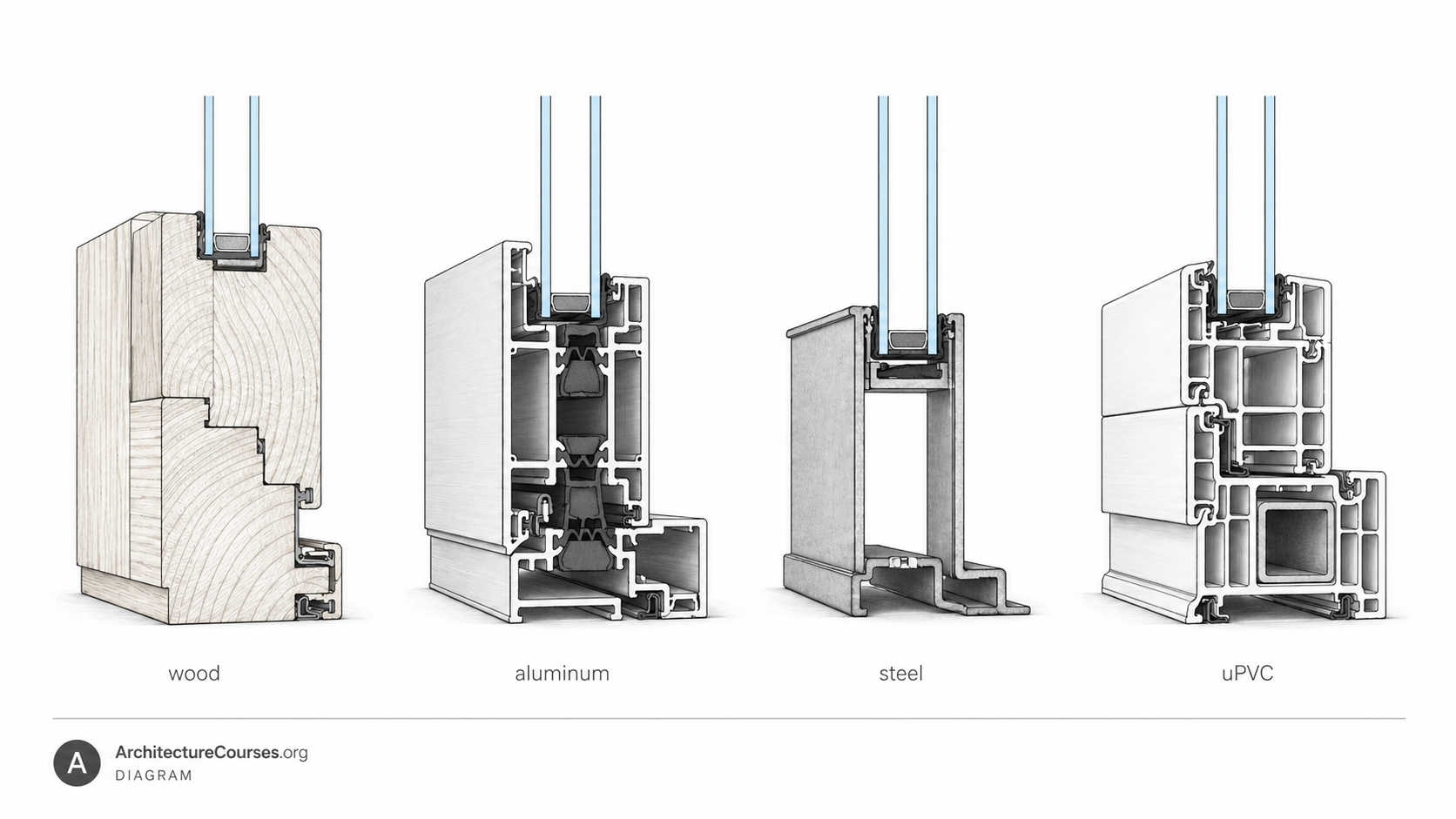 Window frame material cross-sections comparing wood, aluminum, steel, and uPVC profiles.