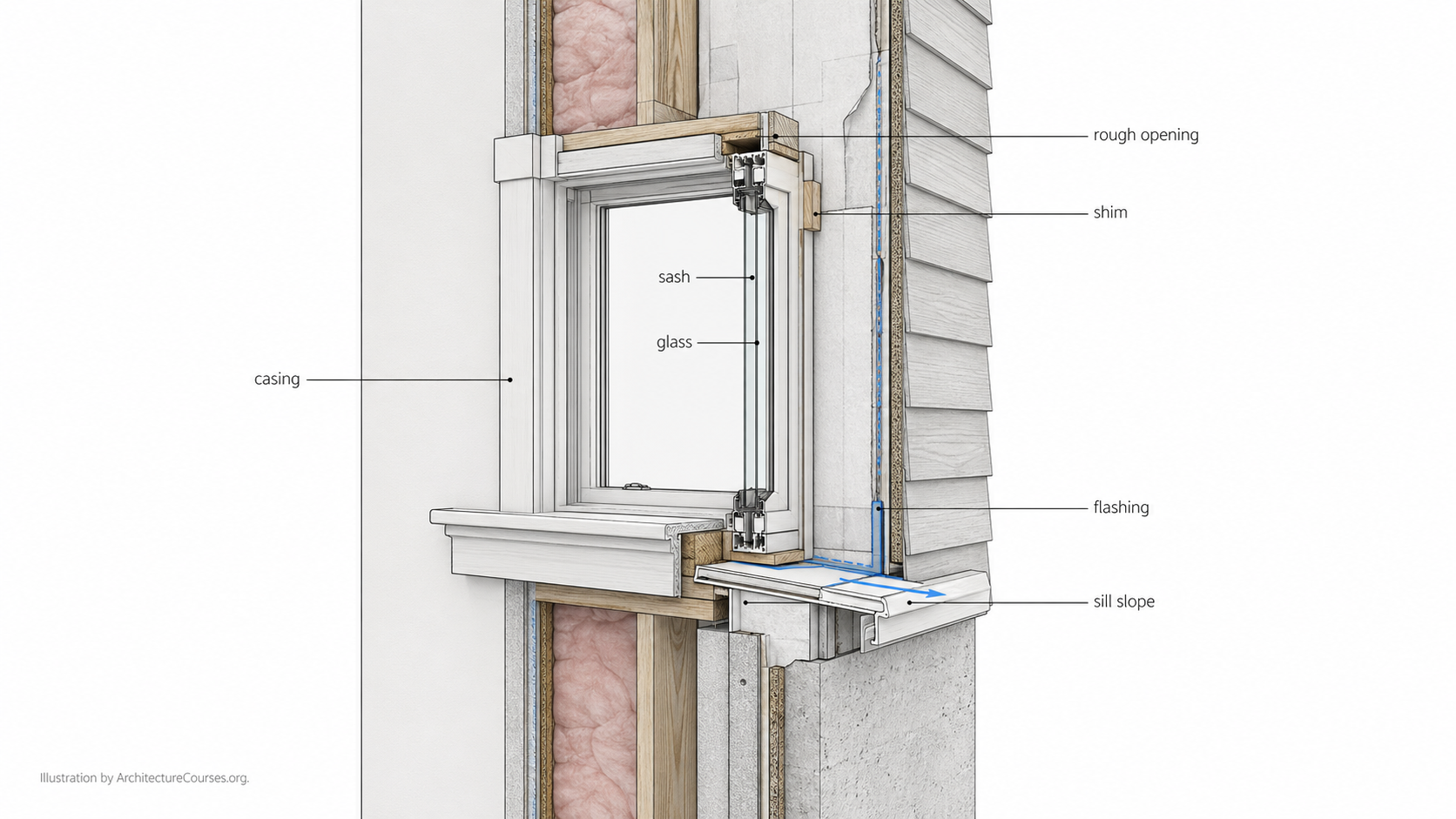 Window frame cross-section showing rough opening, shims, flashing, sash, glass, casing, and a sloped sill.