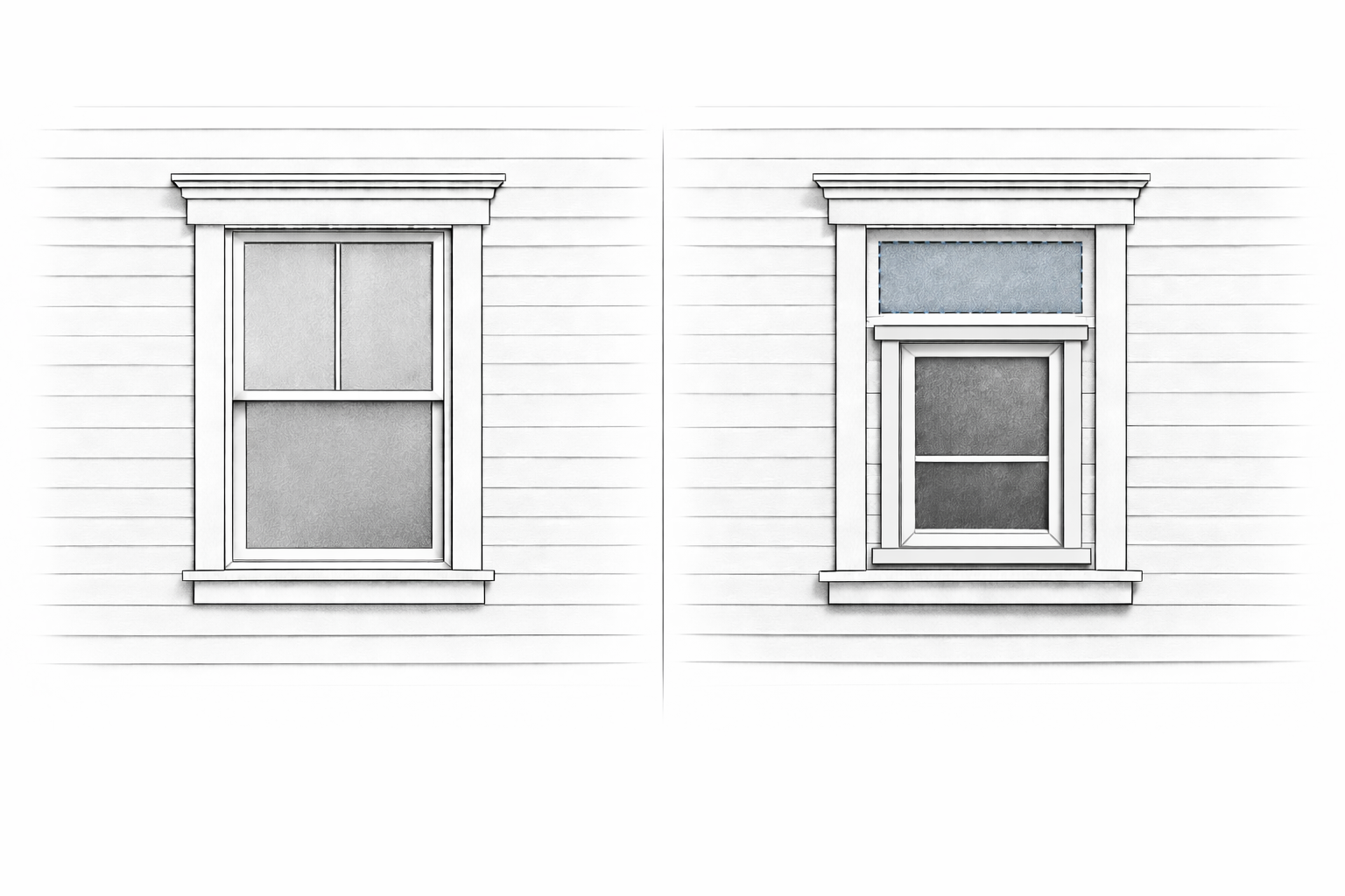 Side-by-side comparison of a period-sensitive replacement window and an undersized insert window in the same older house facade opening.