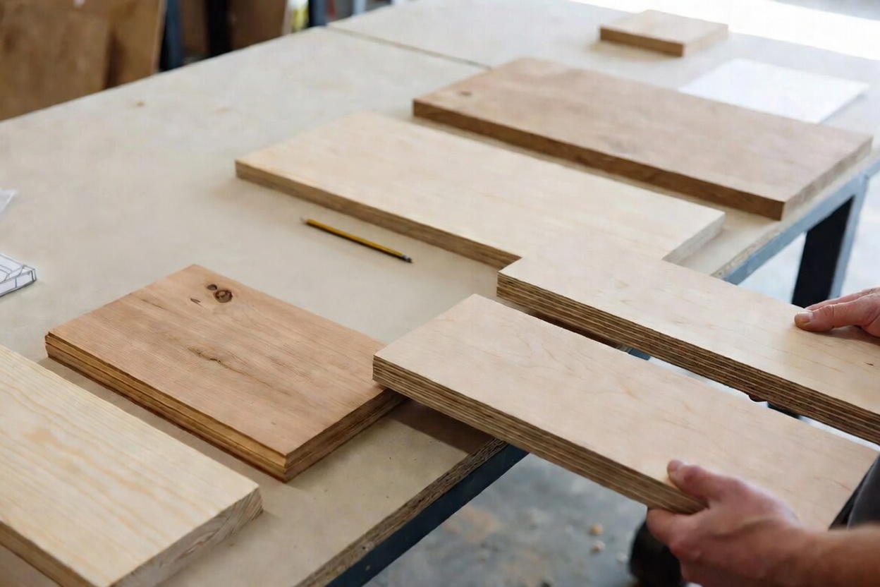 Hands comparing light and dark wood boards on a workshop table near a window.