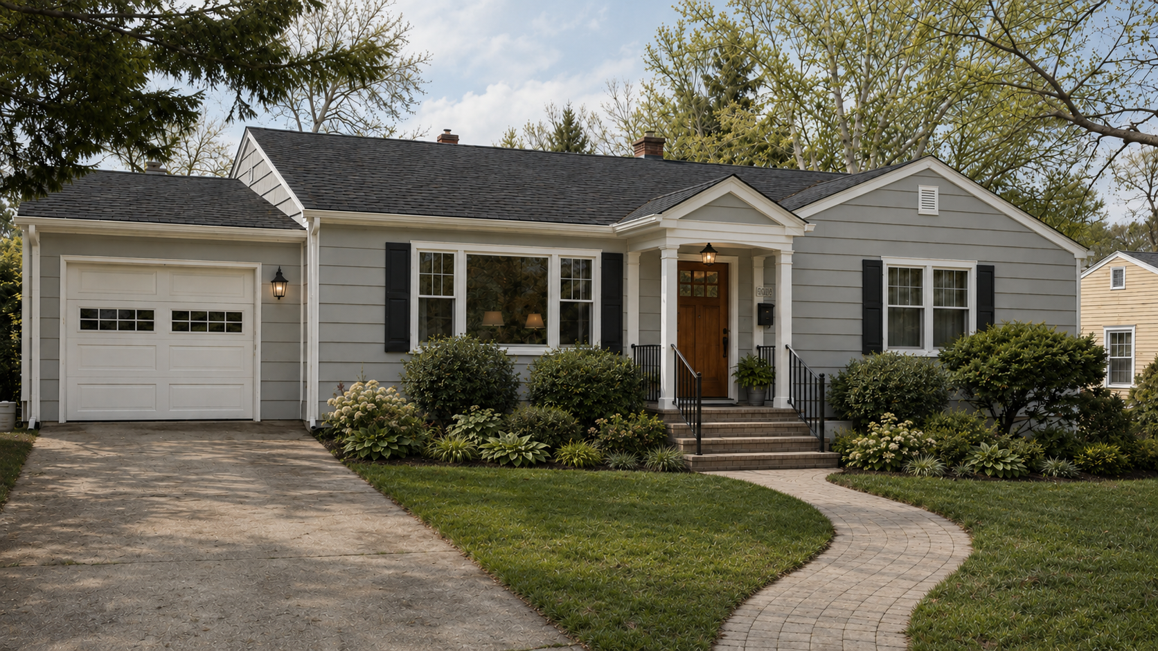 After renovation view of the same 1950s postwar house with updated siding, improved front entry, cleaner garage door, curved walkway, and refreshed landscaping.