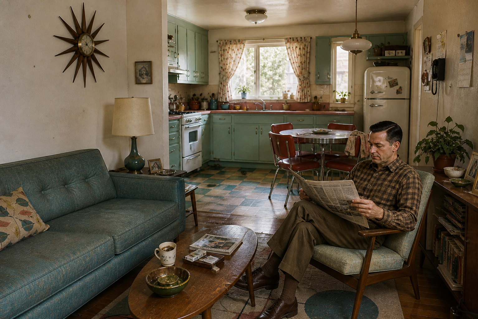 1950s living room and kitchen with worn sofa, chrome dinette set, mint cabinets, and period decor.