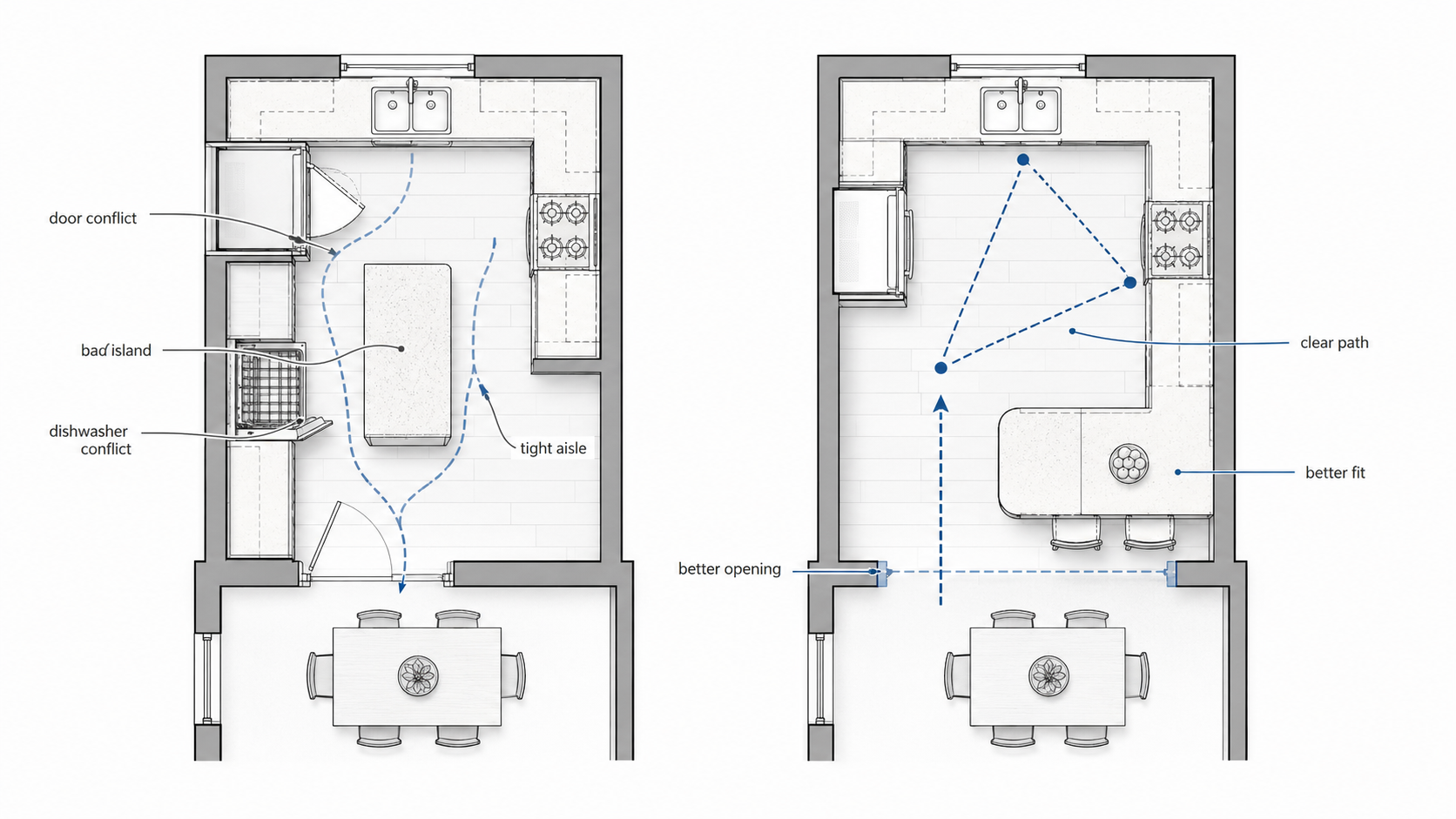 Diagram comparing a bad 1950s kitchen remodel with a forced island and appliance conflicts against a better layout with clearer circulation and a wider opening.