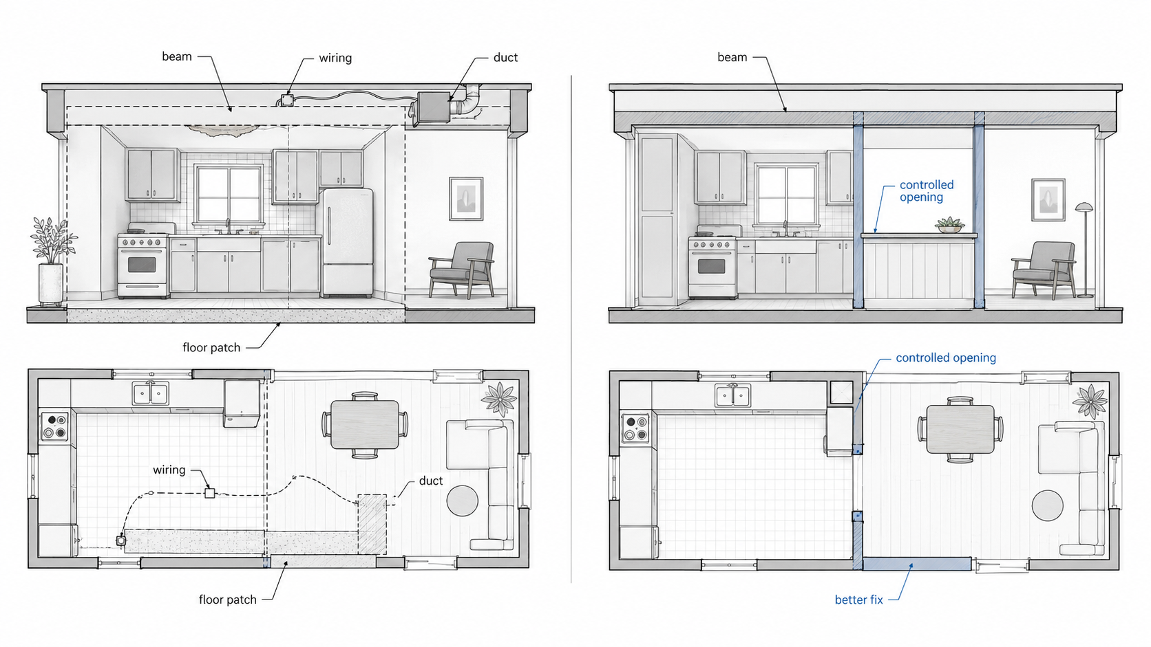 Diagram comparing full wall removal in a 1950s kitchen with a controlled opening that reduces beam, wiring, duct, and floor patch problems.