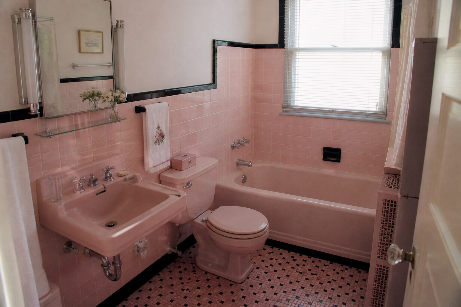 A 1950s pink bathroom with matching tile, sink, toilet, bathtub, black trim, chrome fixtures, and mosaic floor.