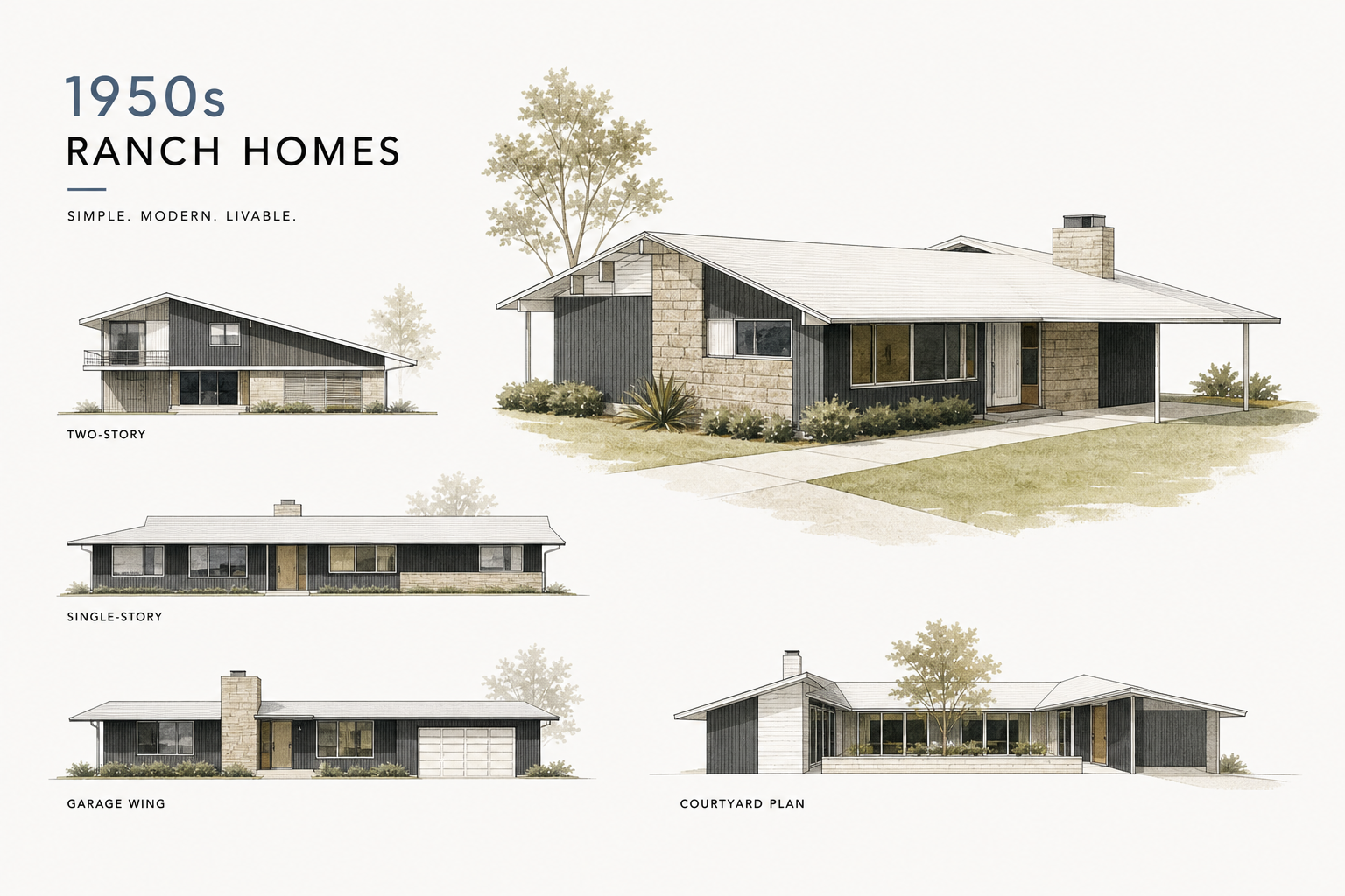 Architectural illustration of 1950s ranch home types, including two-story, single-story, garage wing, and courtyard plan variations.