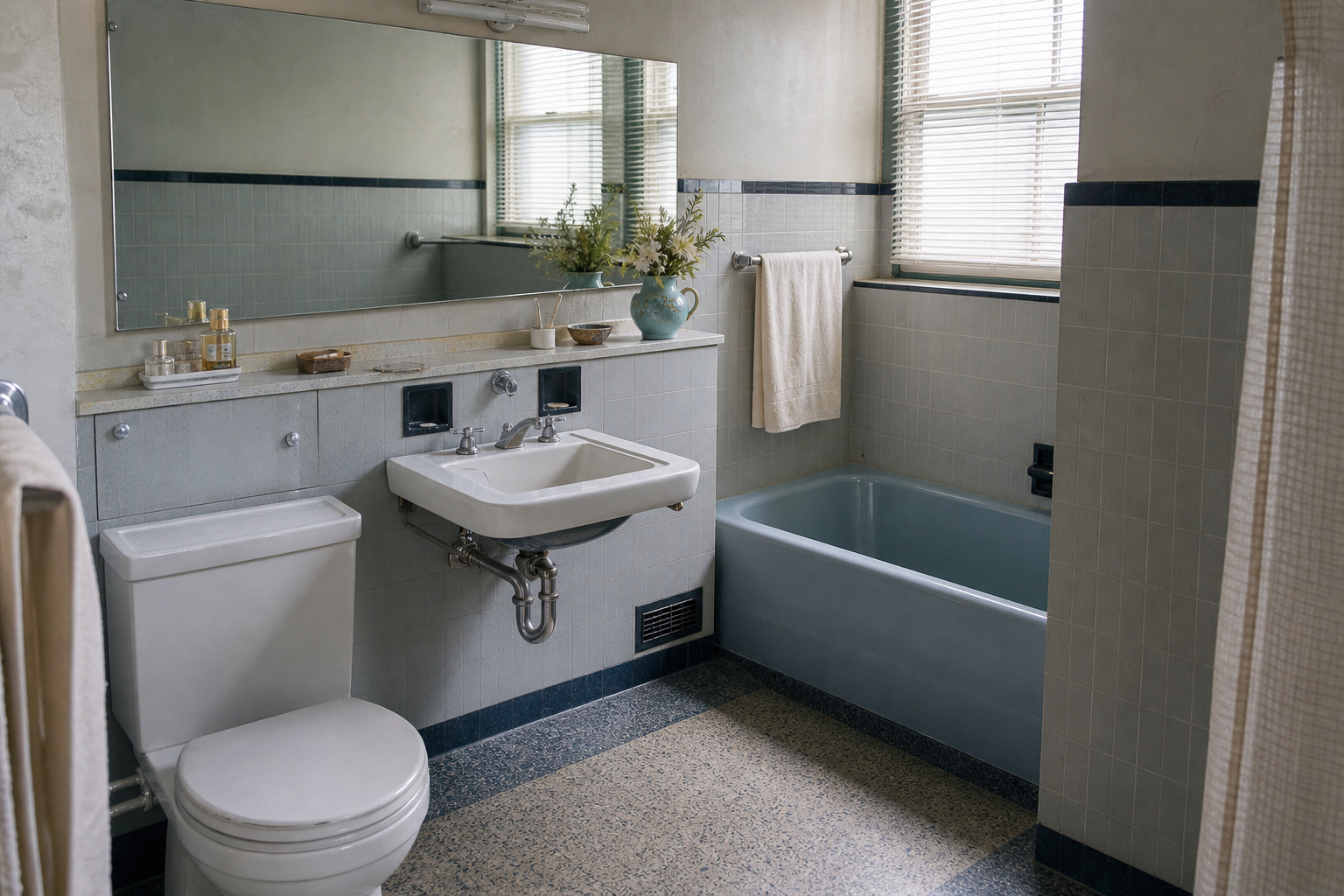 A mid-century bathroom with square wall tile, dark trim, wall-mounted sink, chrome plumbing, and blue built-in tub.