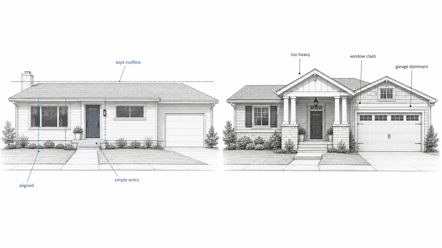 Comparison diagram of 1960s house exterior updates showing a simple aligned entry and kept roofline beside an overdone remodel with heavy porch mass, window clash, and garage dominance.