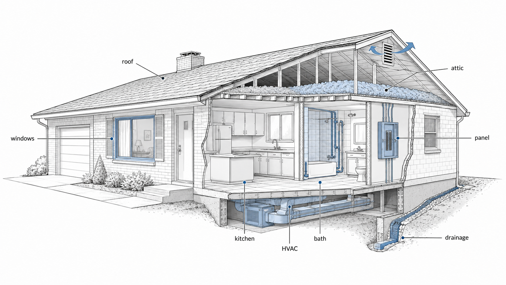 Cutaway diagram of a 1960s ranch house showing hidden upgrade areas including the roof, attic, windows, electrical panel, kitchen, bathroom, HVAC, and exterior drainage.