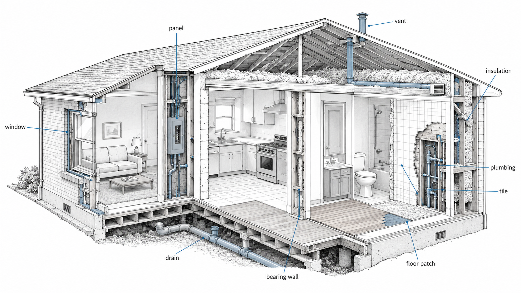 Cutaway diagram of a 1960s house showing hidden renovation costs including electrical panel, plumbing, drains, ventilation, insulation, windows, tile, bearing wall, and floor patch.