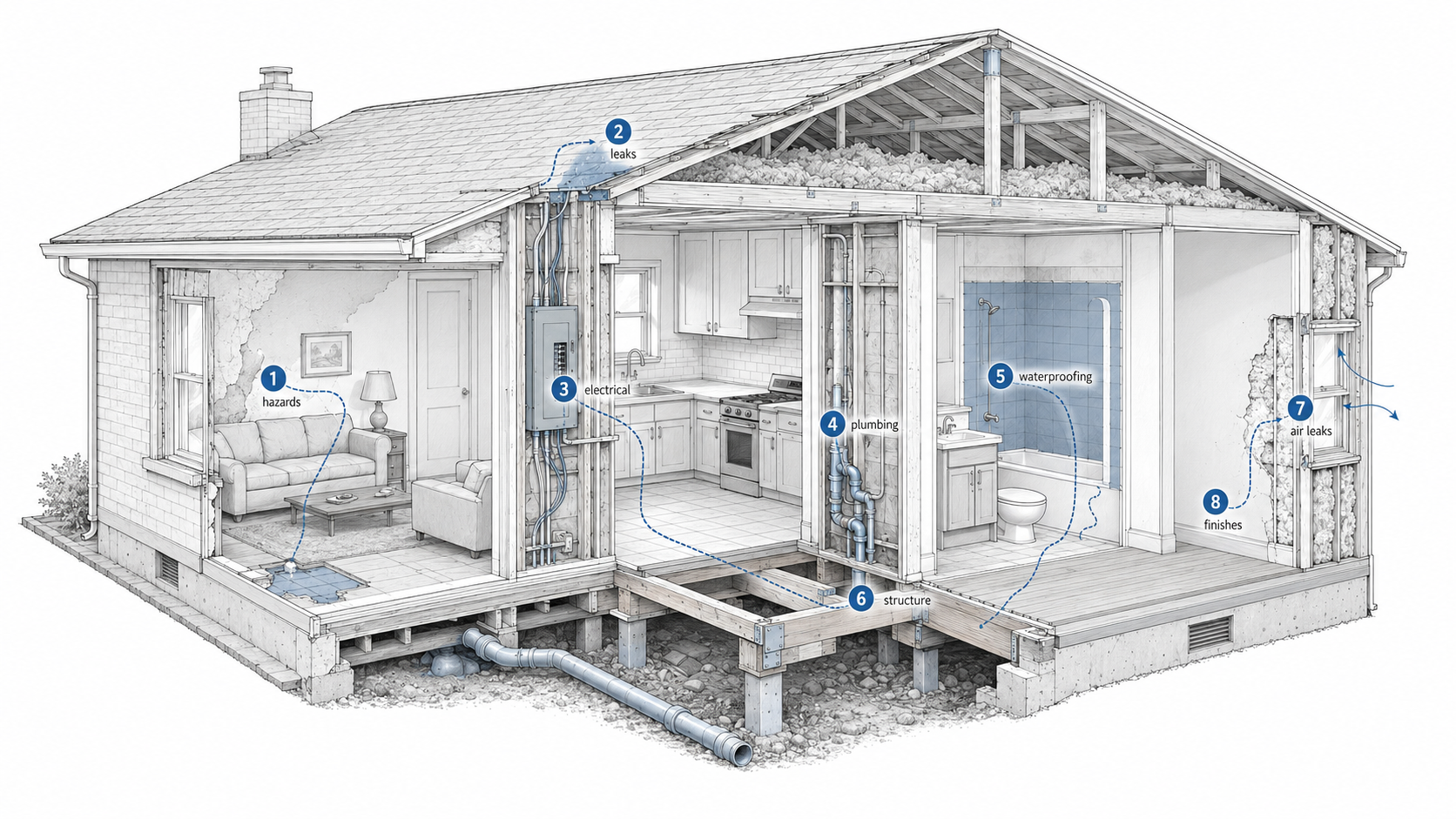Cutaway diagram of a 1960s house showing the renovation priority order from hazards, leaks, electrical, plumbing, waterproofing, and structure to air leaks and finishes.