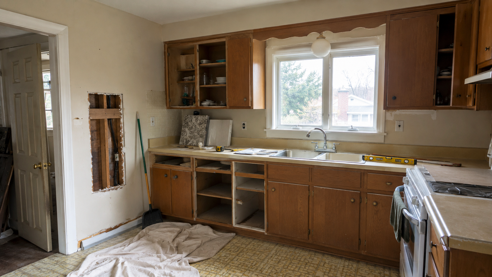 1960s kitchen before remodel with older wood cabinets, laminate counters, a small opened wall section, missing cabinet doors, and light demolition in progress.