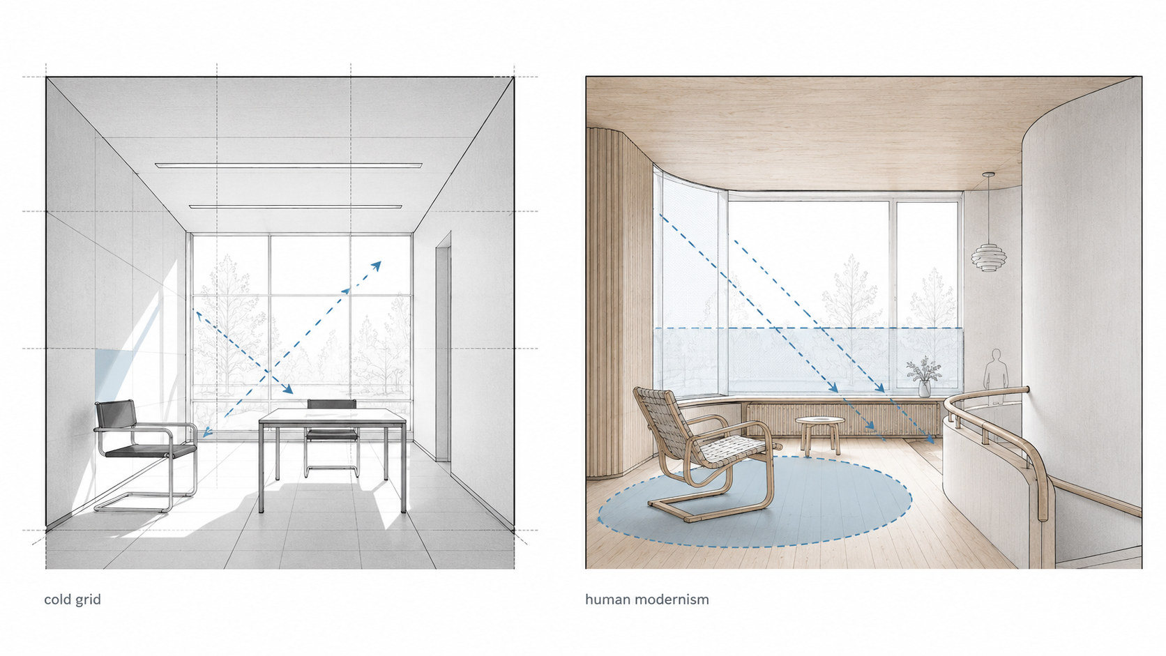 Comparison diagram showing a cold rigid modernist room beside an Alvar Aalto-inspired human modernist interior with wood, softened corners, controlled daylight, and a bentwood chair.