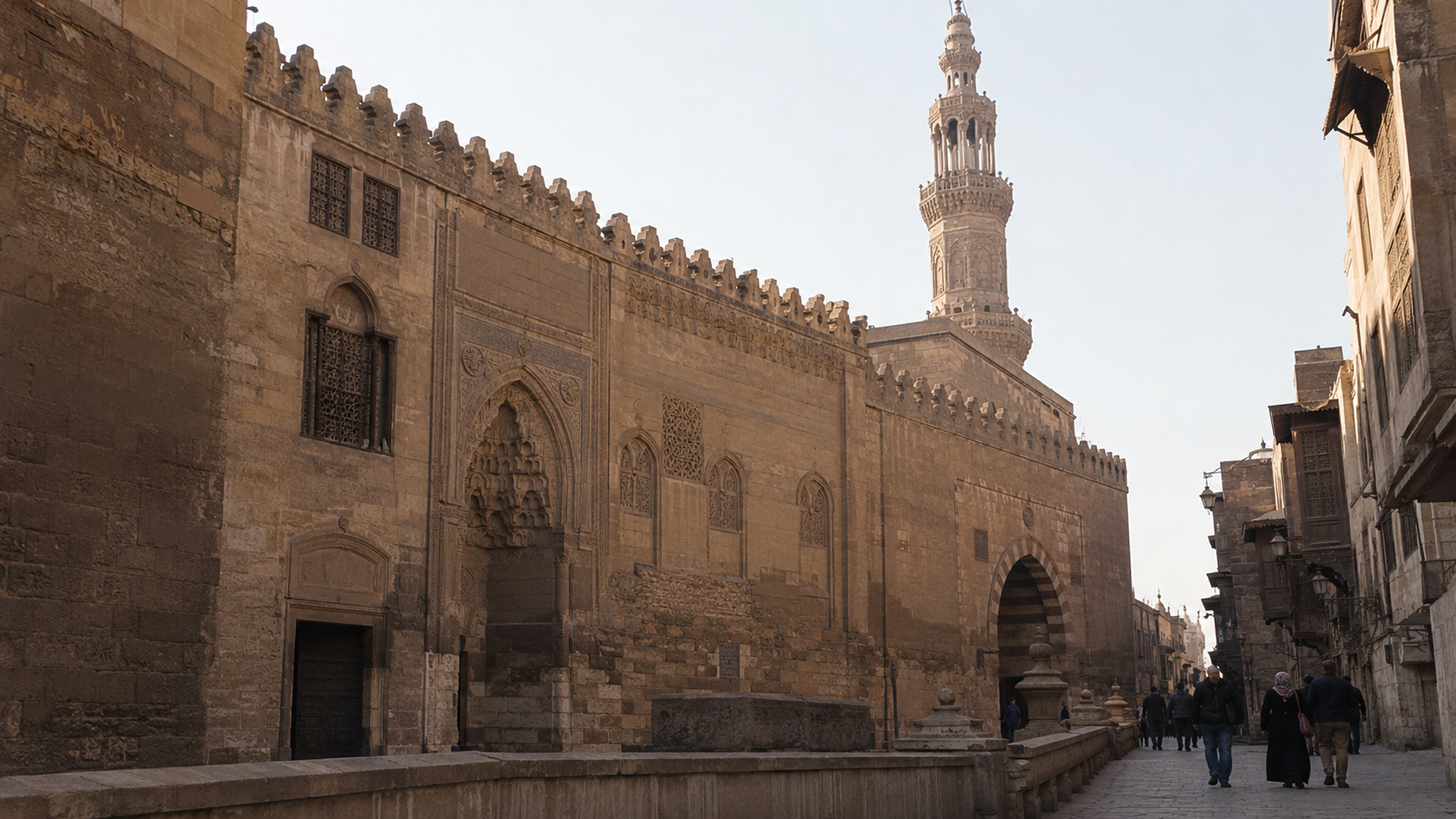Al-Azhar Mosque’s layered exterior edge in dense Islamic Cairo.