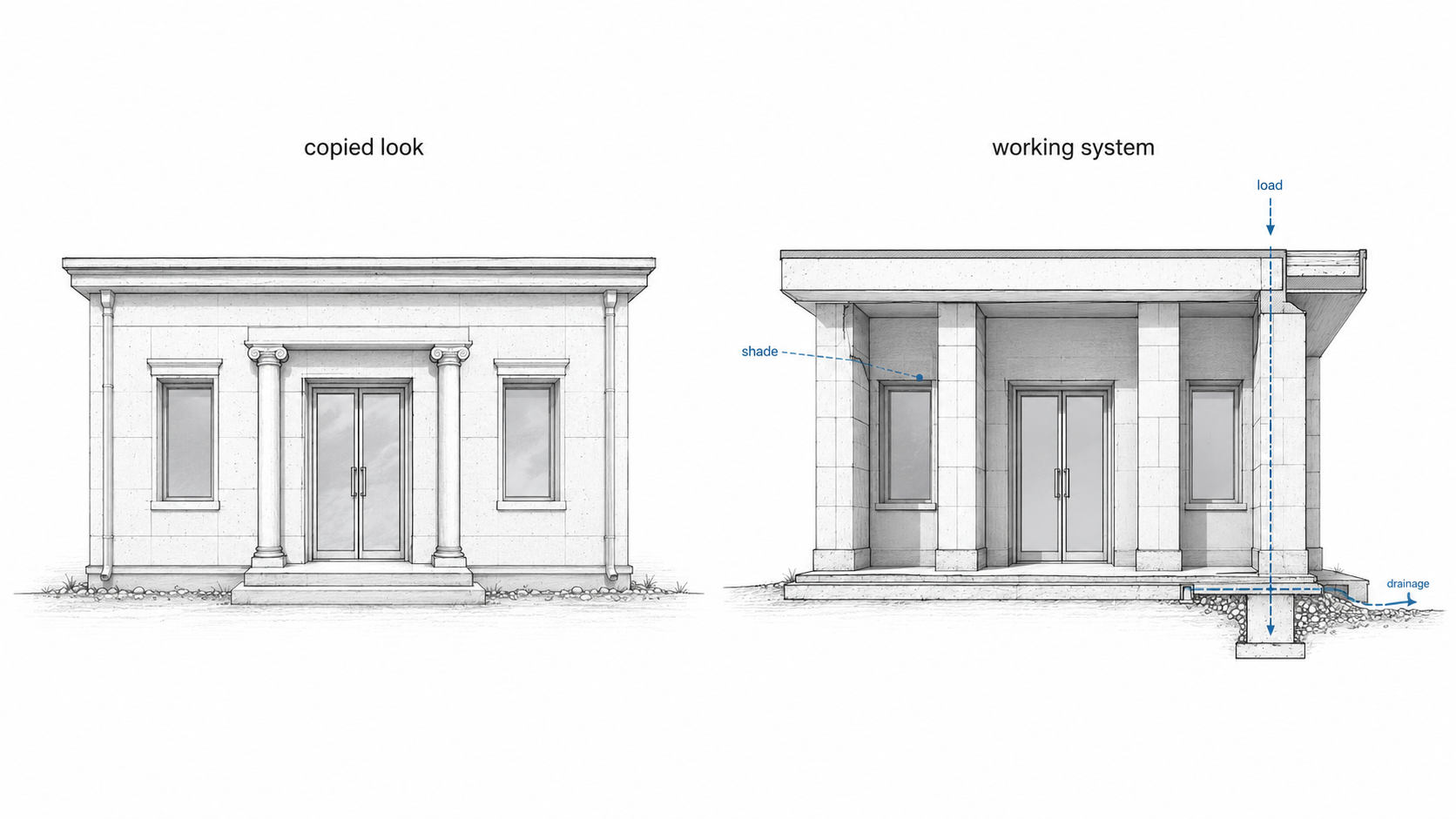 Wrong and right diagram comparing a modern pavilion that copies ancient-looking details with one that adapts ancient architecture through shade, load transfer, drainage, and material depth.