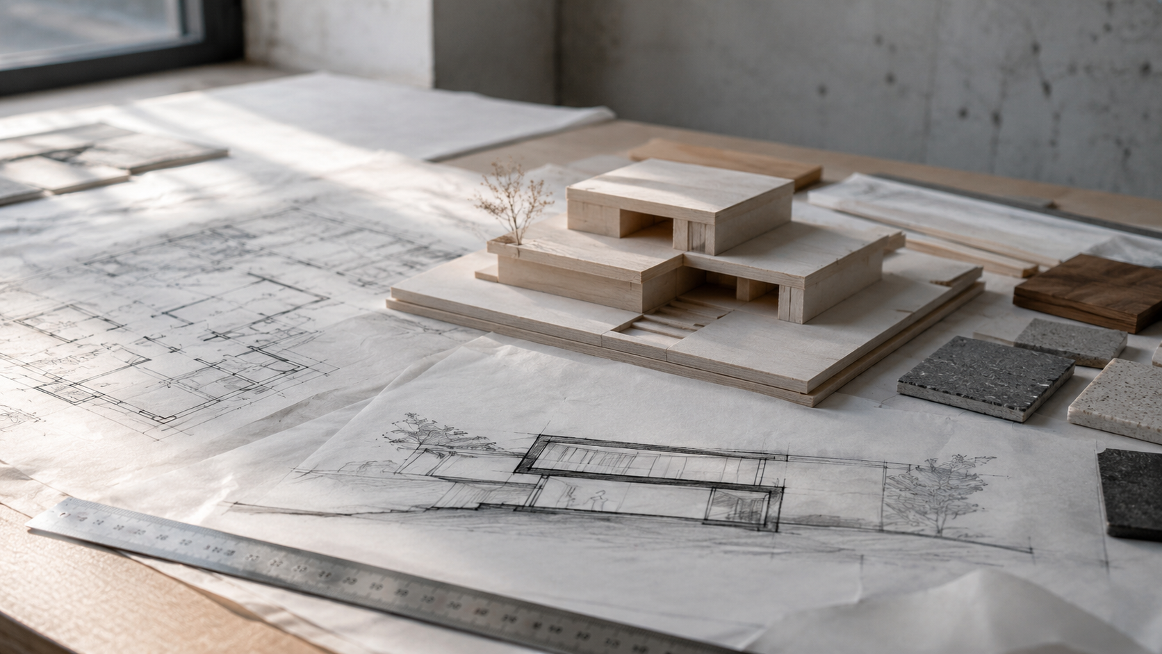 Architecture studio work surface with a physical massing model, tracing paper sketches, scale ruler, and material samples.