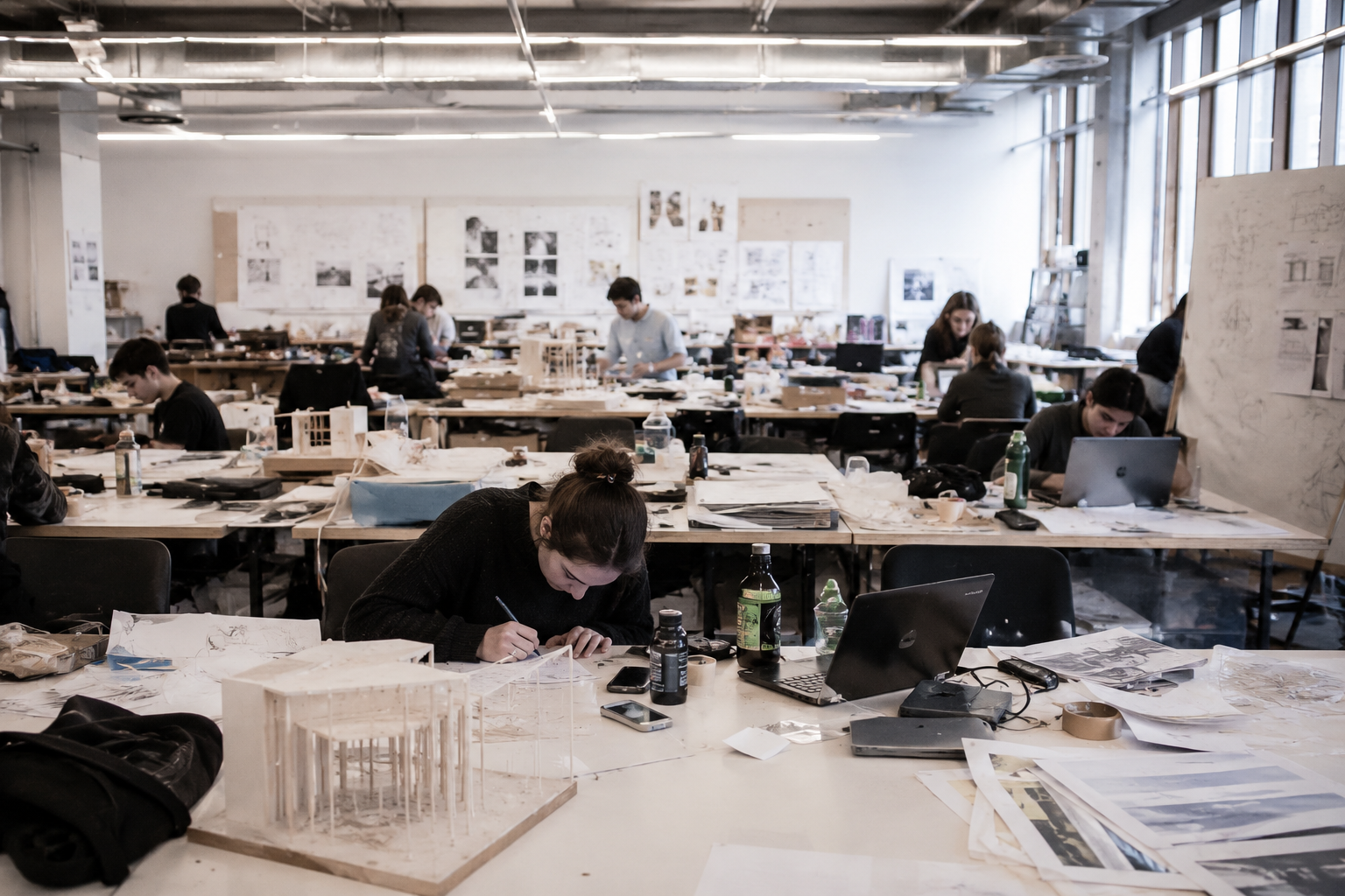 Busy architecture school studio with students working on models, drawings, laptops, and design boards across crowded worktables.
