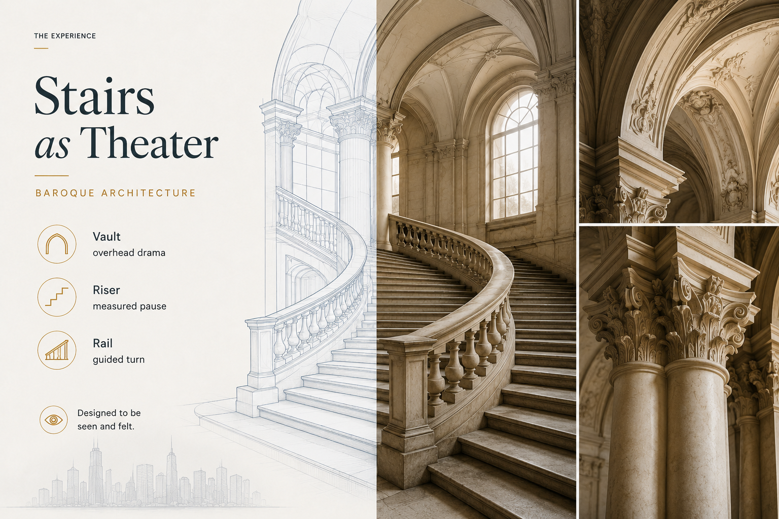 Baroque staircase shown as a theatrical architectural experience, with vault, riser, rail, sketch overlay, and detailed column views.