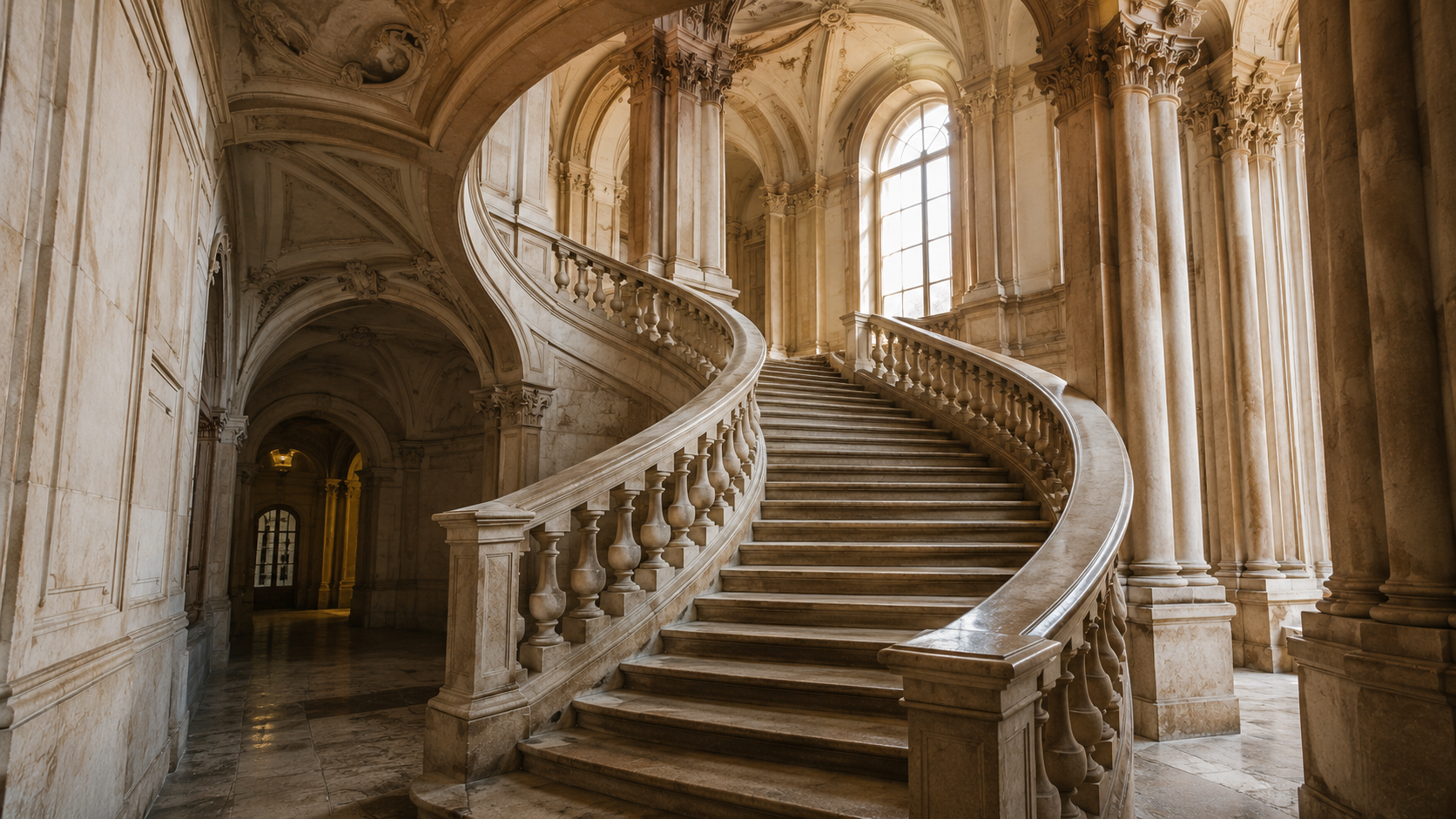 Baroque palace staircase with curved stone rail, worn risers, vaulted ceiling, columns, and side light.