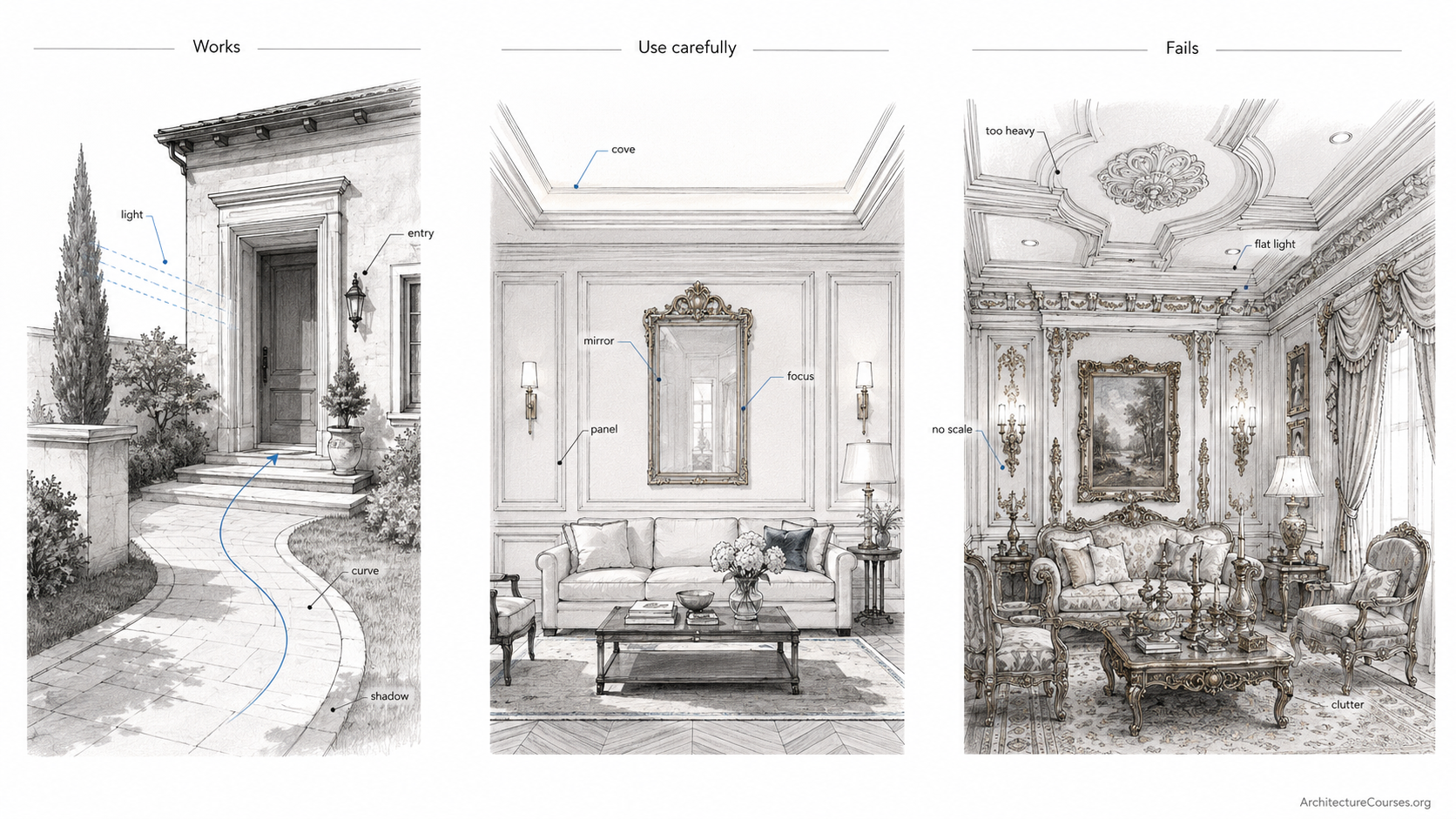 Comparison diagram showing which Baroque design ideas work well in houses, which need restraint, and which fail when copied at the wrong scale.