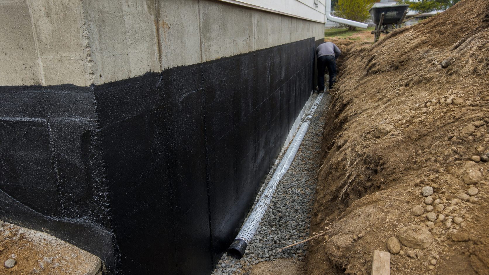 Basement waterproofing with footing drain pipe and gravel trench installed along foundation wall.