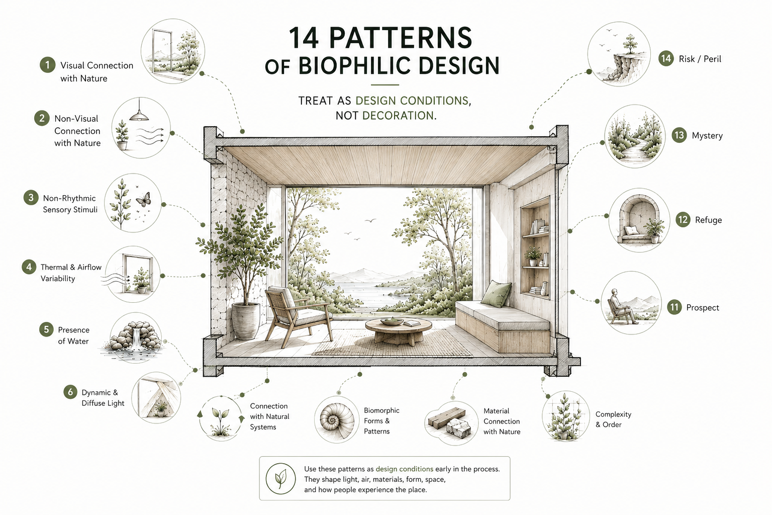 Architectural diagram showing 14 biophilic design patterns as design conditions, including views, daylight, airflow, water, plants, natural materials, prospect, refuge, mystery, and risk.