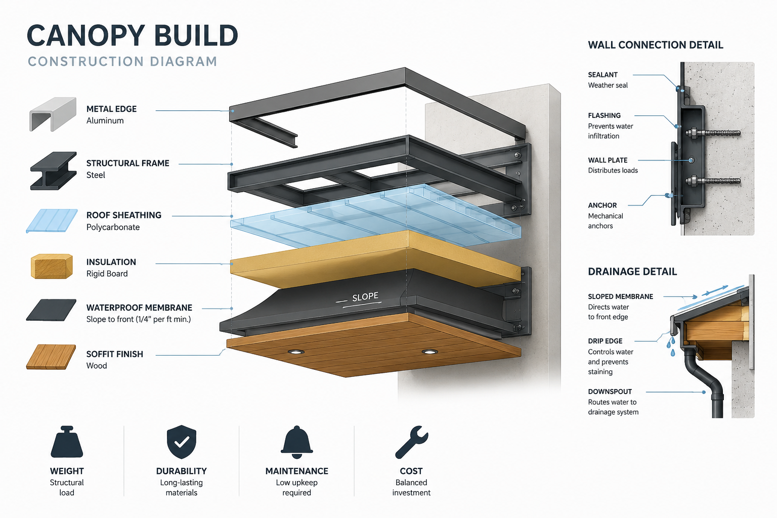 Exploded canopy construction diagram showing metal edge, structural frame, roof panel, membrane, soffit, wall plate, anchors, drainage detail, and material layers.