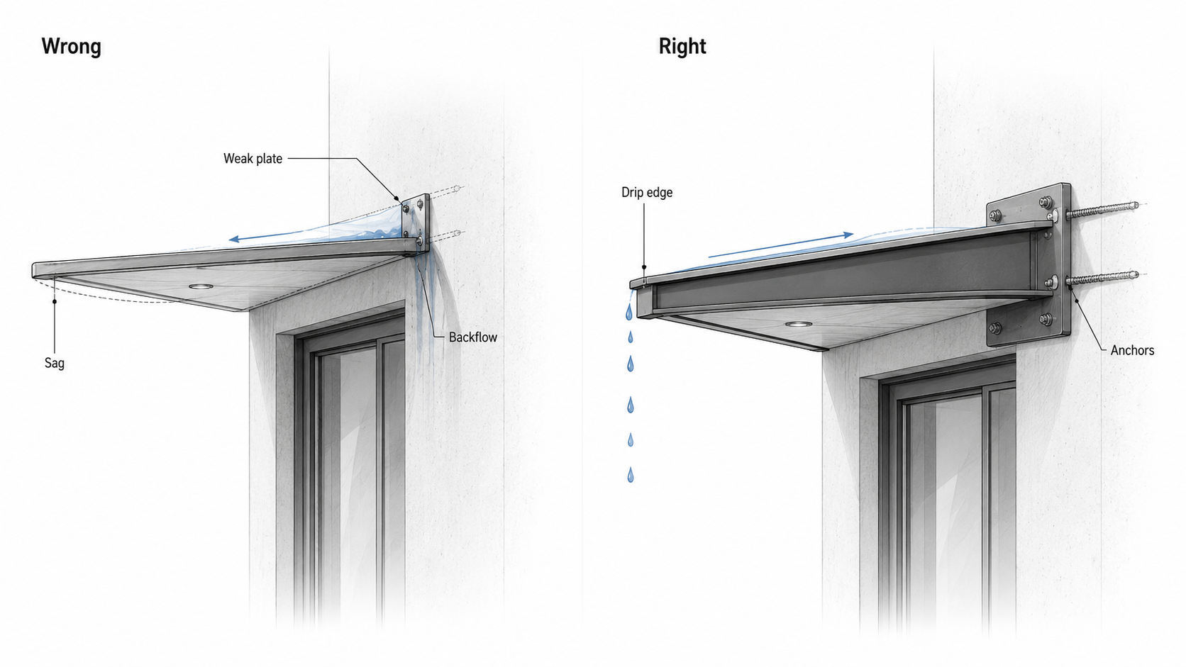 Cantilever canopy failure comparison showing weak wall plate, sag, backflow, stronger anchors, drip edge, and water draining clear.