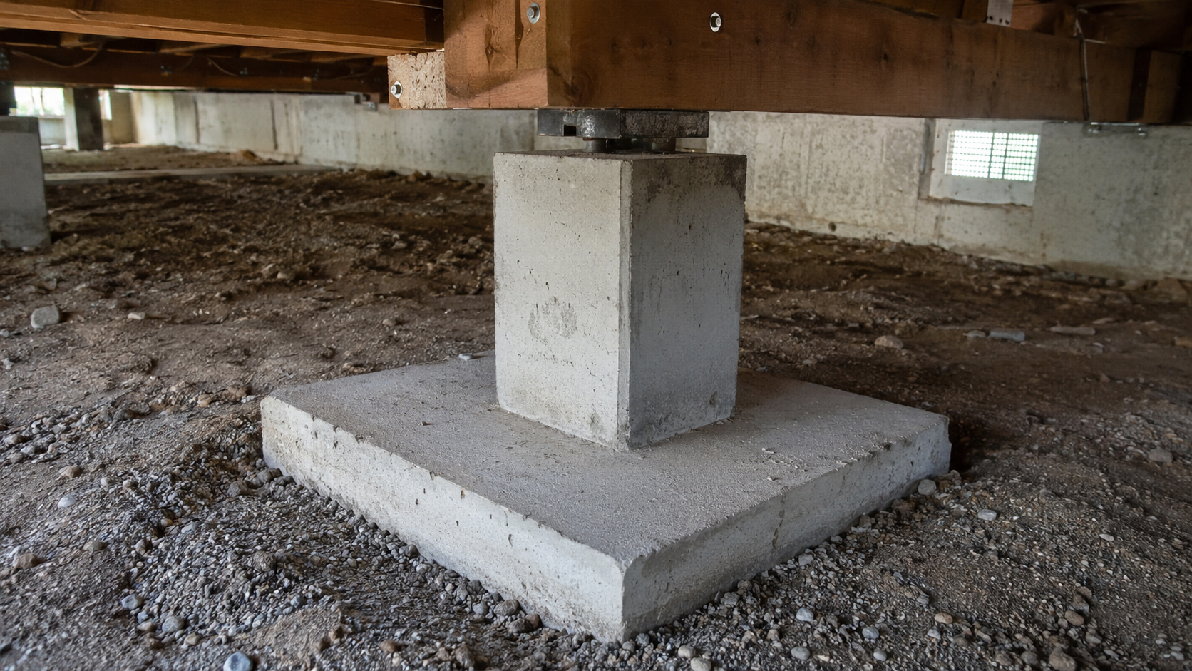 Concrete foundation pillar supporting a wood beam above a square footing pad in a crawl space with soil and gravel around the base.