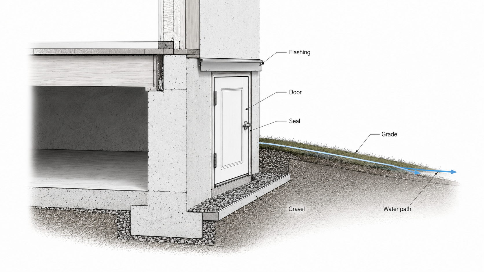 Crawl-space door opening with flashing, seal, gravel strip, exterior grade, and water path sloping away.