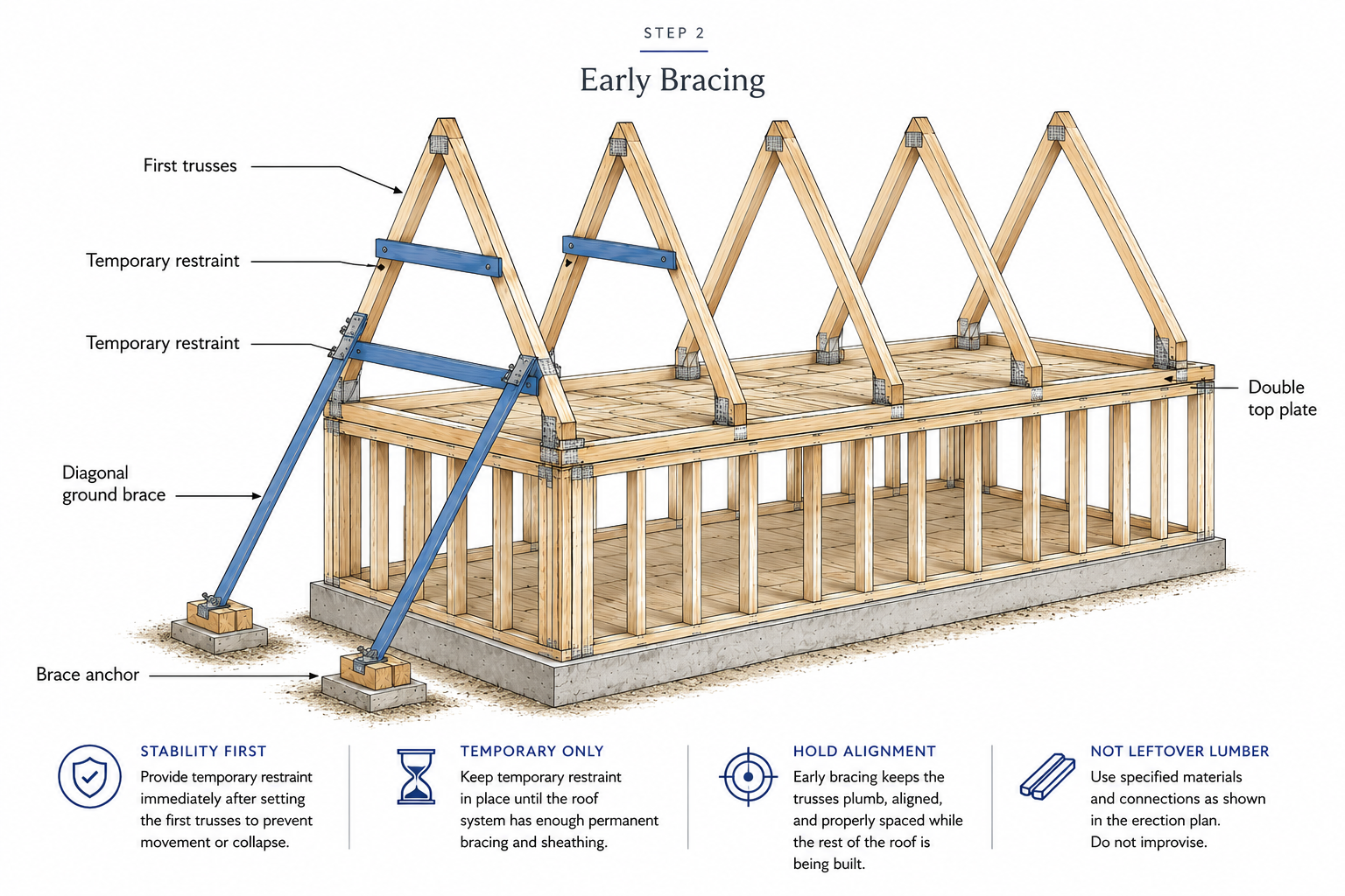 Early roof trusses stabilized with temporary restraint boards and diagonal ground braces during erection.