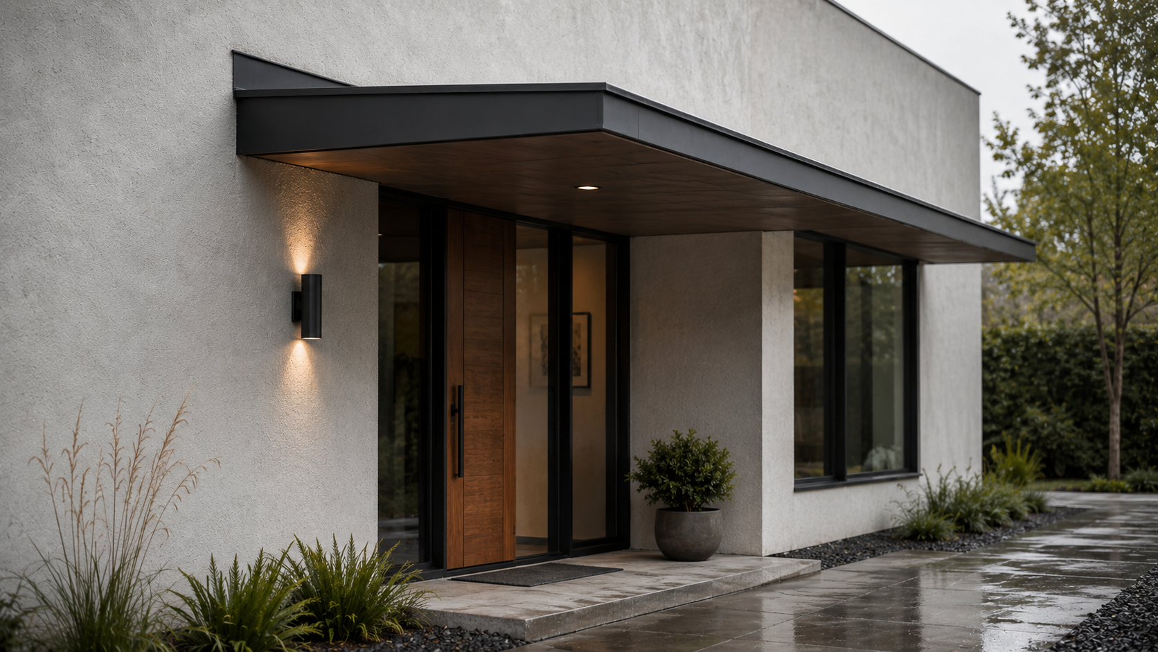 Modern entry canopy with a thin metal frame, clean wall connection, drip edge, and wet paving below.