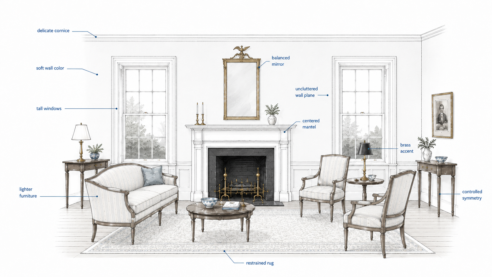 Diagram showing the main elements of a Federal-style interior, including tall windows, a centered mantel, delicate cornice, lighter furniture, restrained rug, brass accents, and controlled symmetry.