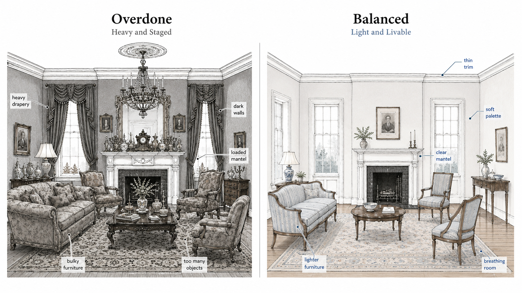 Federal interior comparison showing an overdone room beside a lighter, more balanced version.