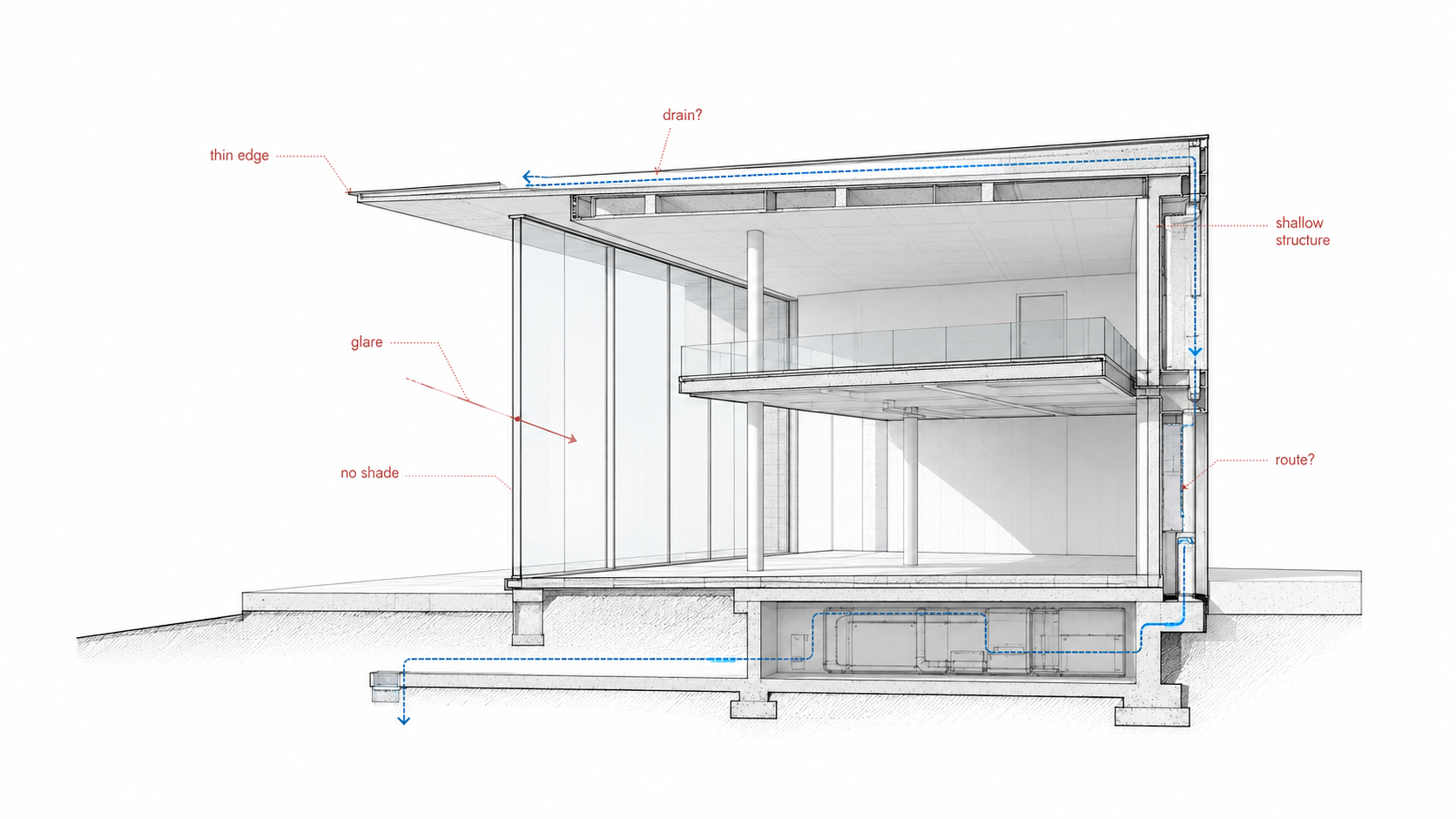 Architectural section diagram showing problems in a shallow Foster-inspired building design, including a thin roof edge, unclear drainage, glare, missing shading, shallow structure, and unresolved service routing.