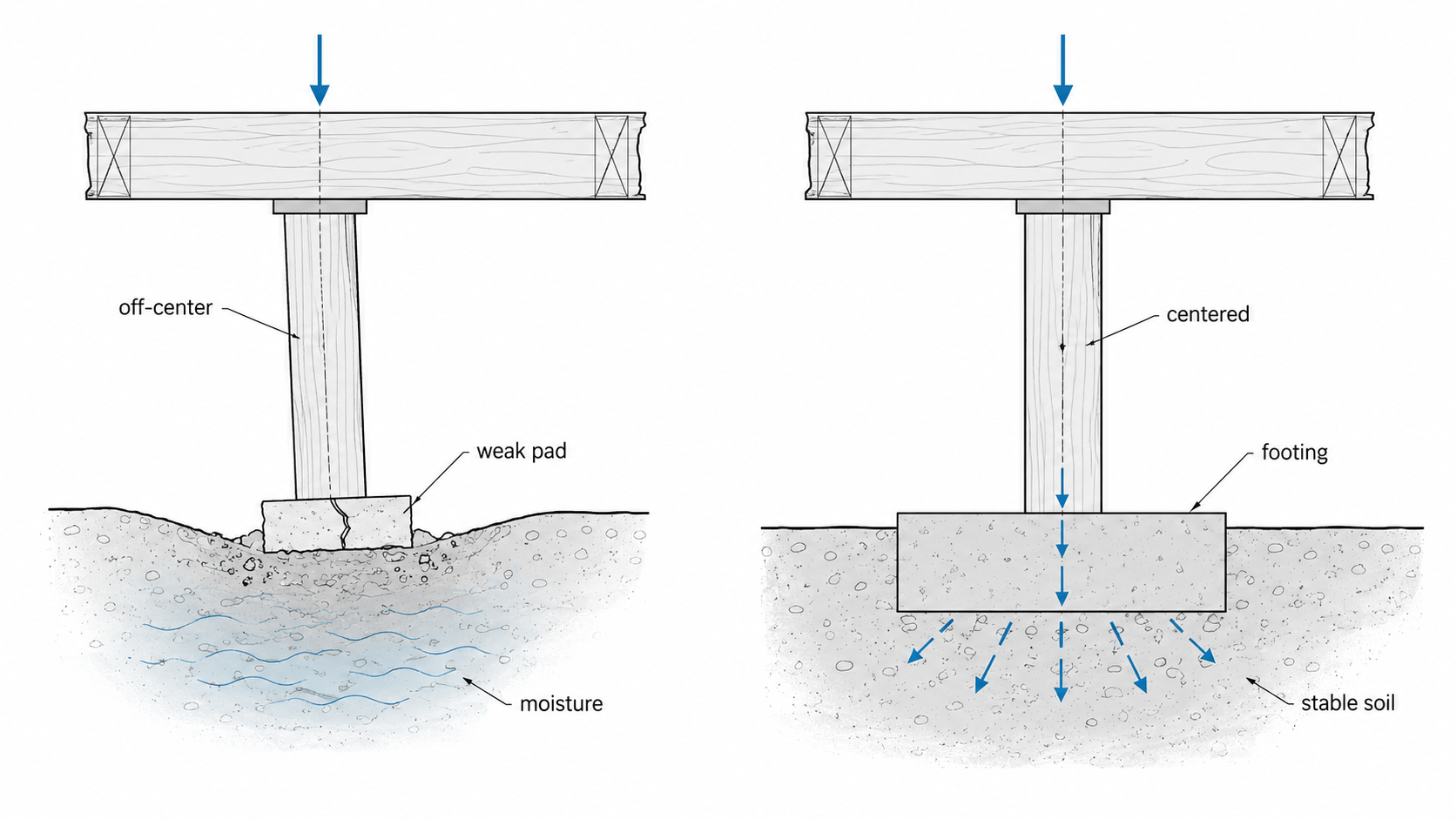 Comparison diagram showing bad foundation pillar support with an off-center post on a weak pad and moisture below, versus proper centered support on a footing with stable soil.