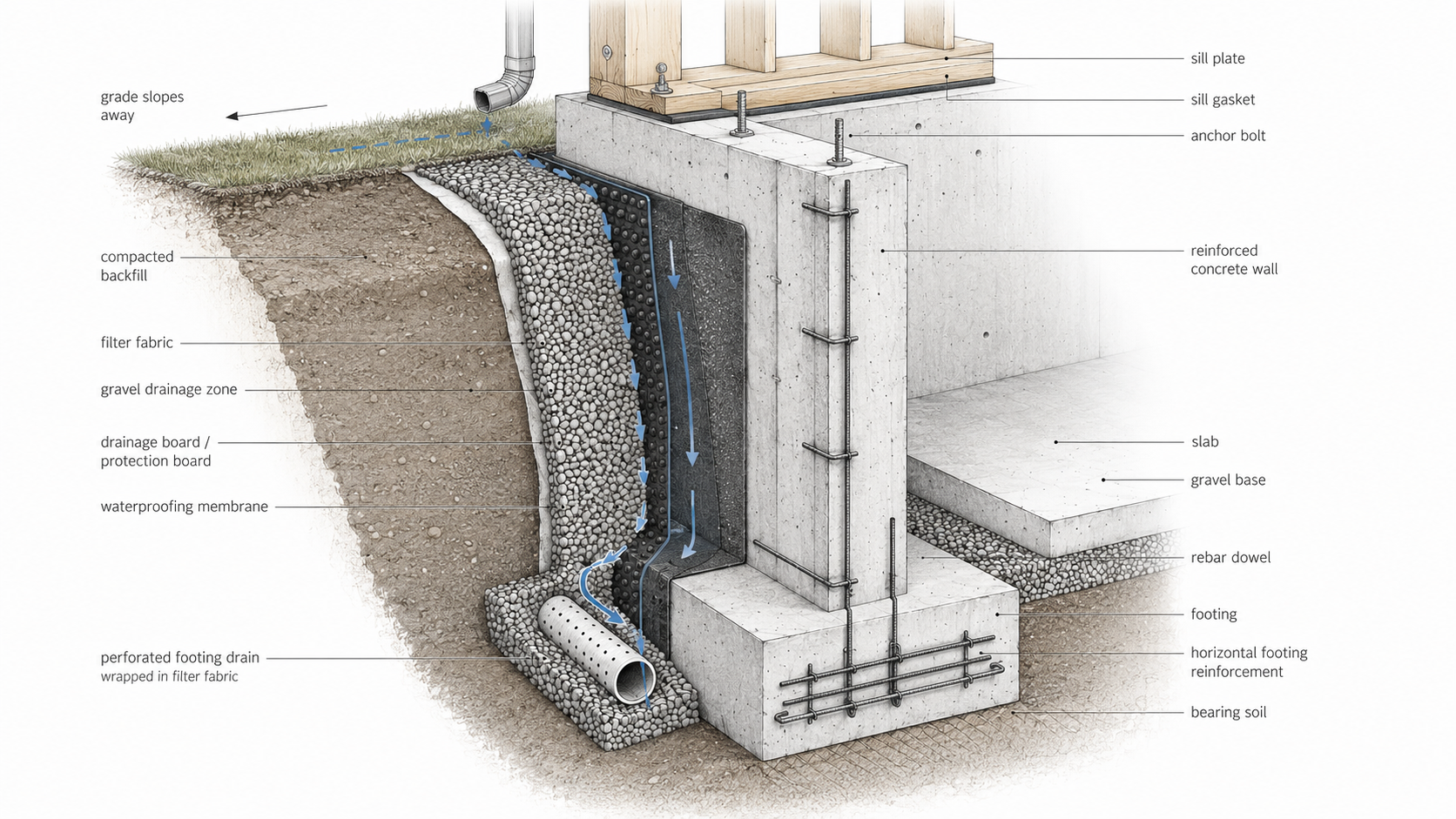 Foundation wall construction detail showing footing, reinforced concrete wall, waterproofing membrane, drainage board, footing drain, backfill, and slab edge.