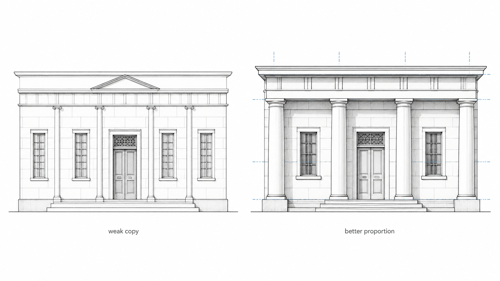 Wrong versus right Greek-inspired civic façade comparison showing weak copied details against better architectural proportion.
